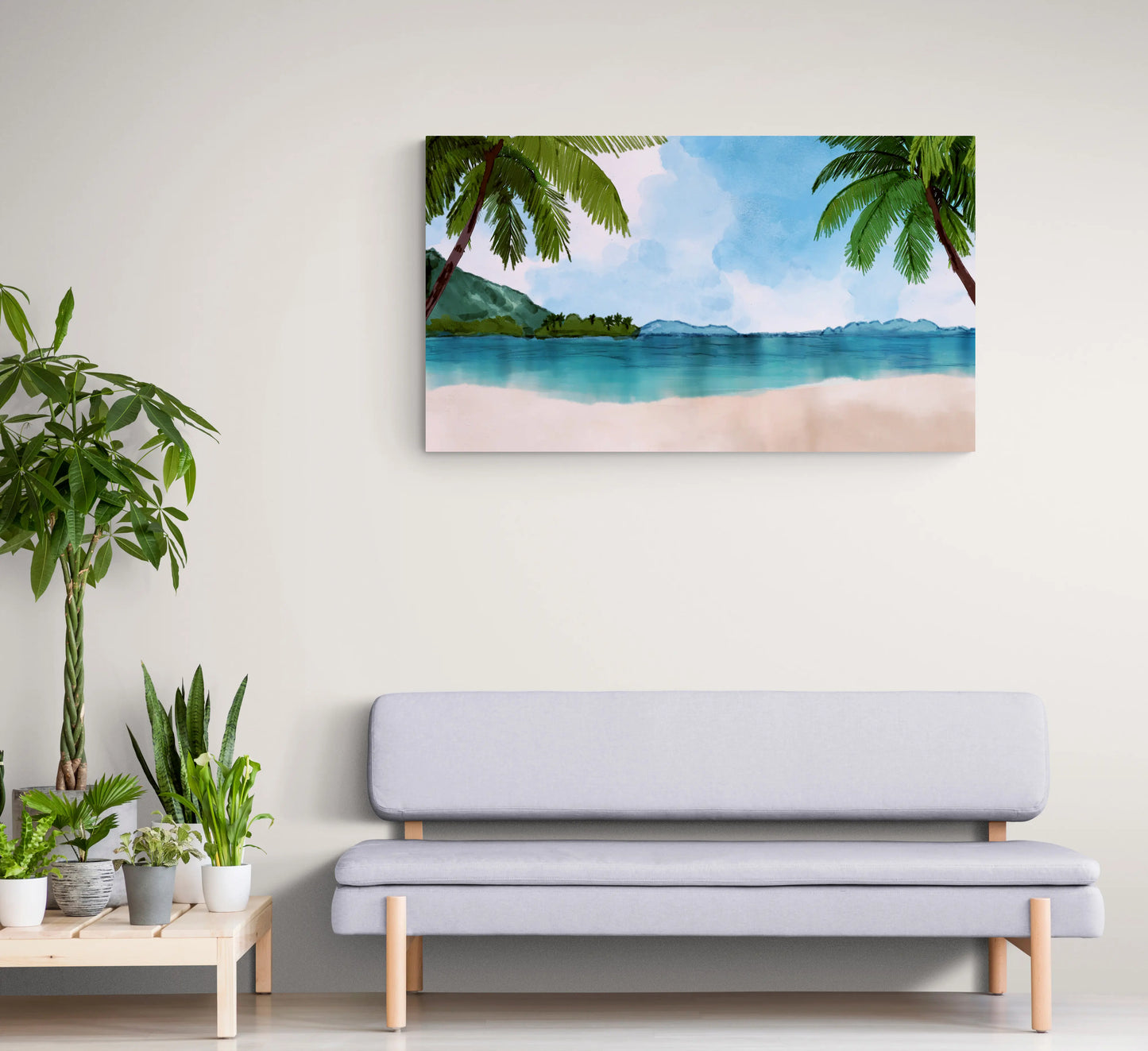 Tropical beach scene painting on a wall above a gray sofa with plants around.