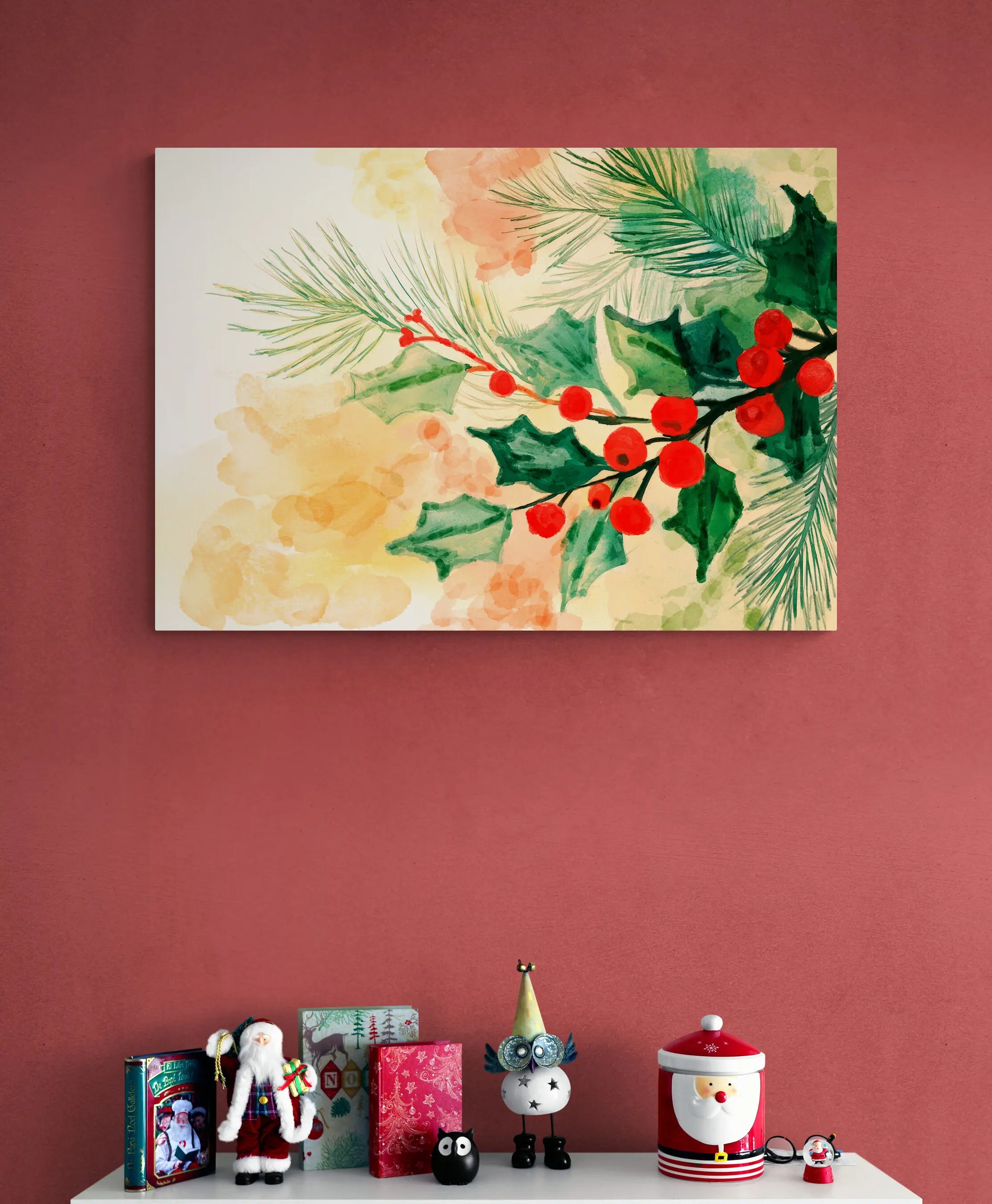 Decorative painting of holly leaves and berries on a red wall with small Christmas-themed figurines below.