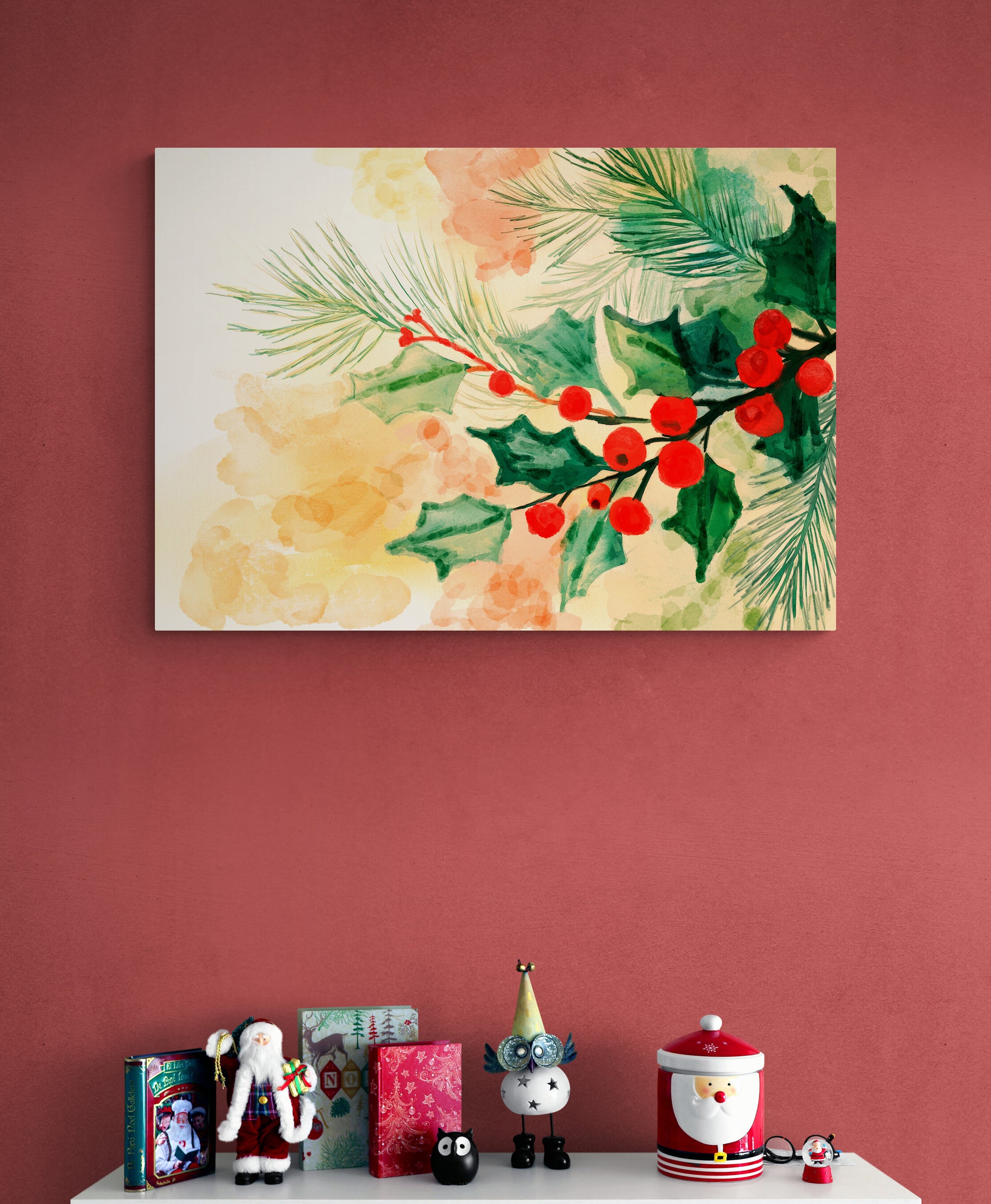 Festive pine branches and holly watercolor digital print 