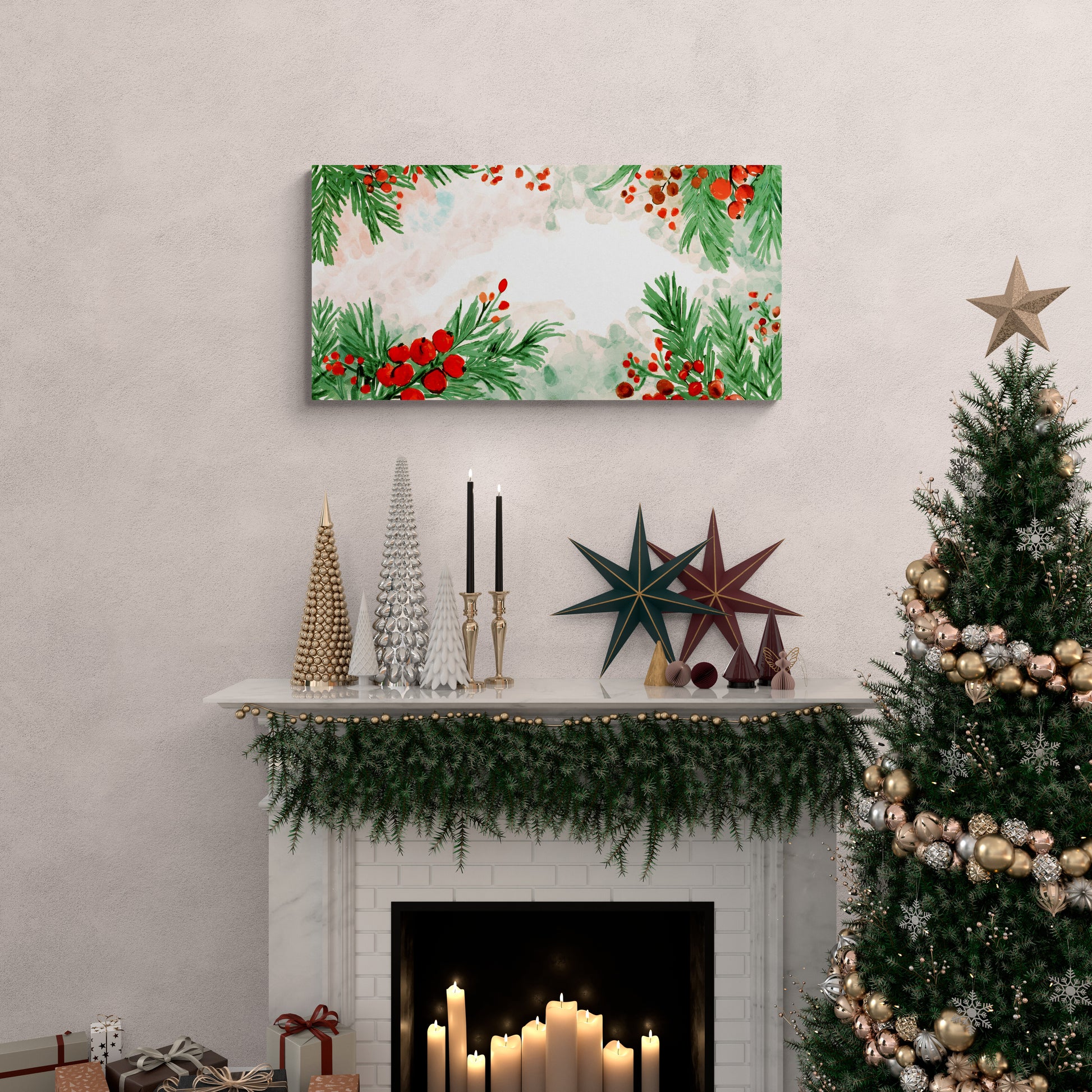 Decorative Christmas scene with a mantel, fireplace, and tree.