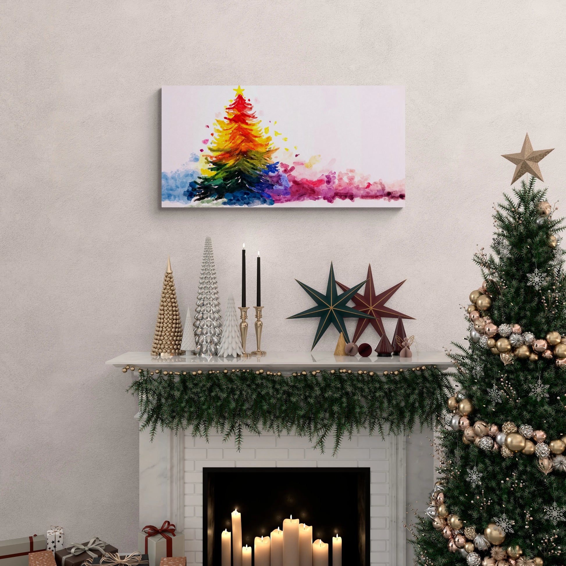 Decorated Christmas tree with a colorful abstract painting above a fireplace.