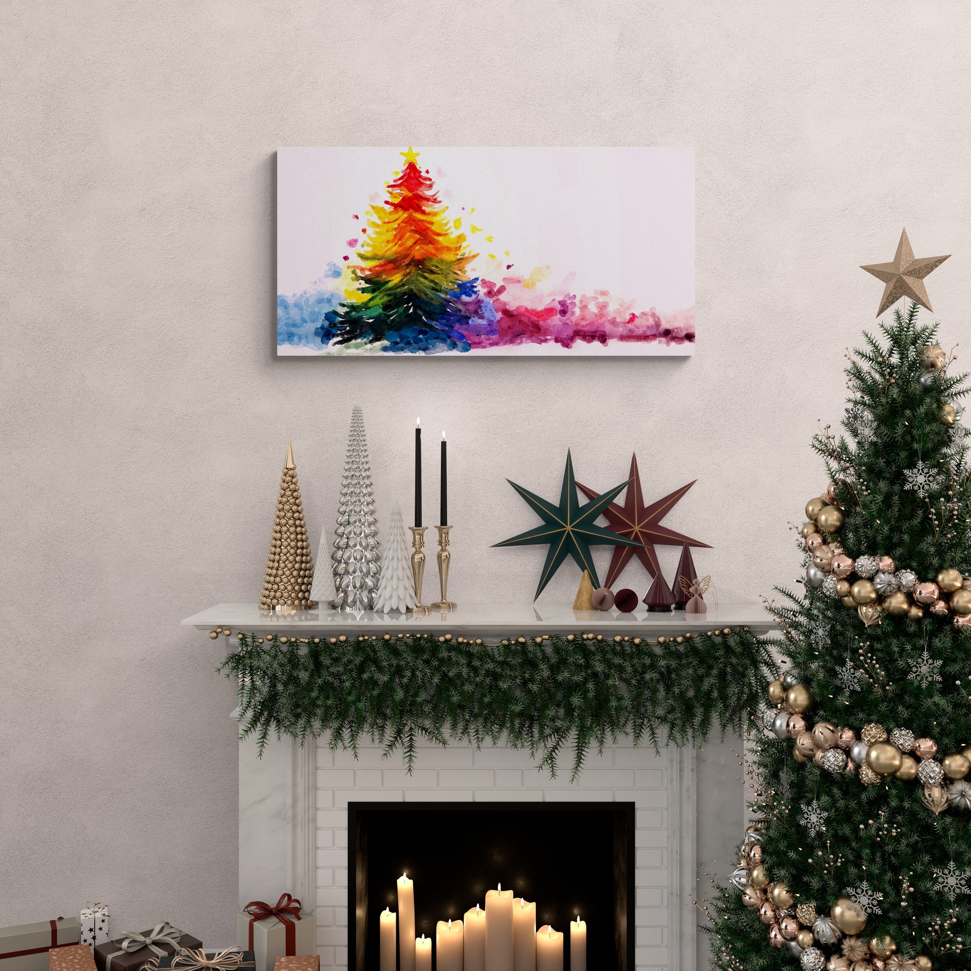 Decorated Christmas tree with a colorful abstract painting above a fireplace.