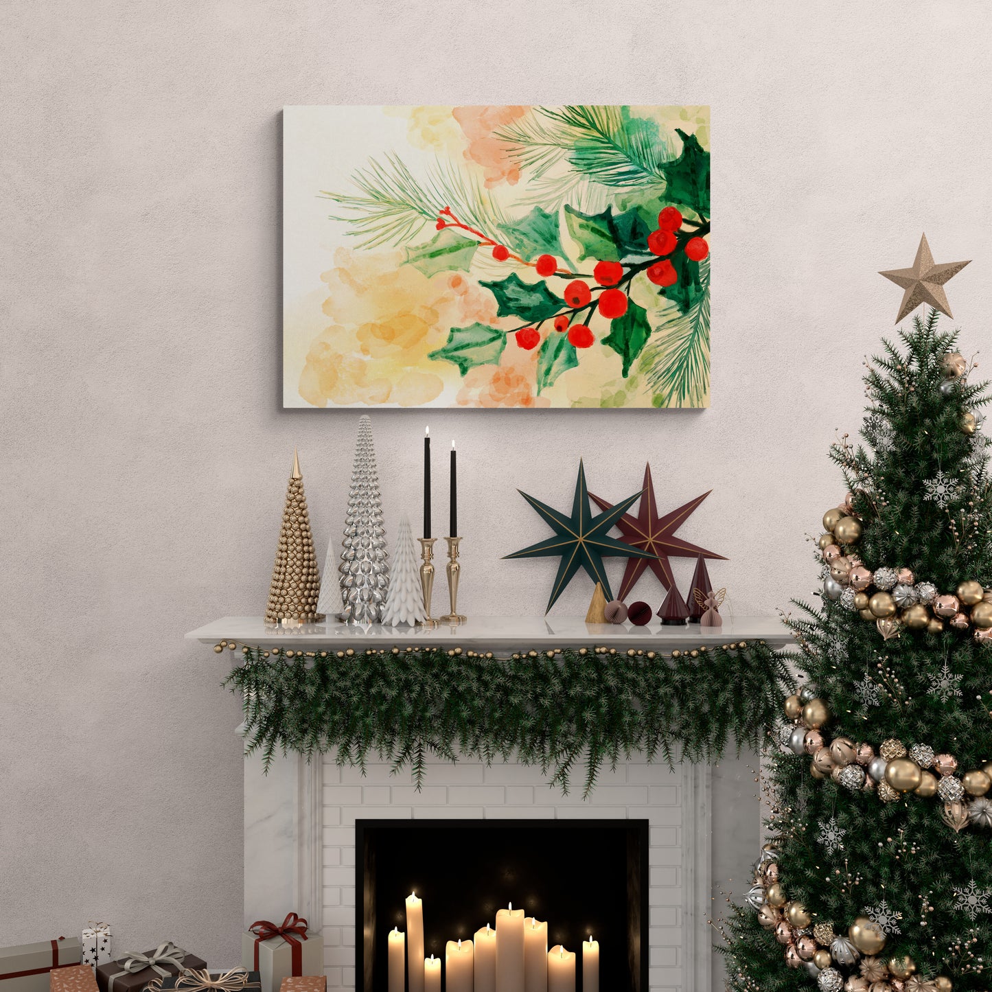 Watercolor Christmas botanical art print