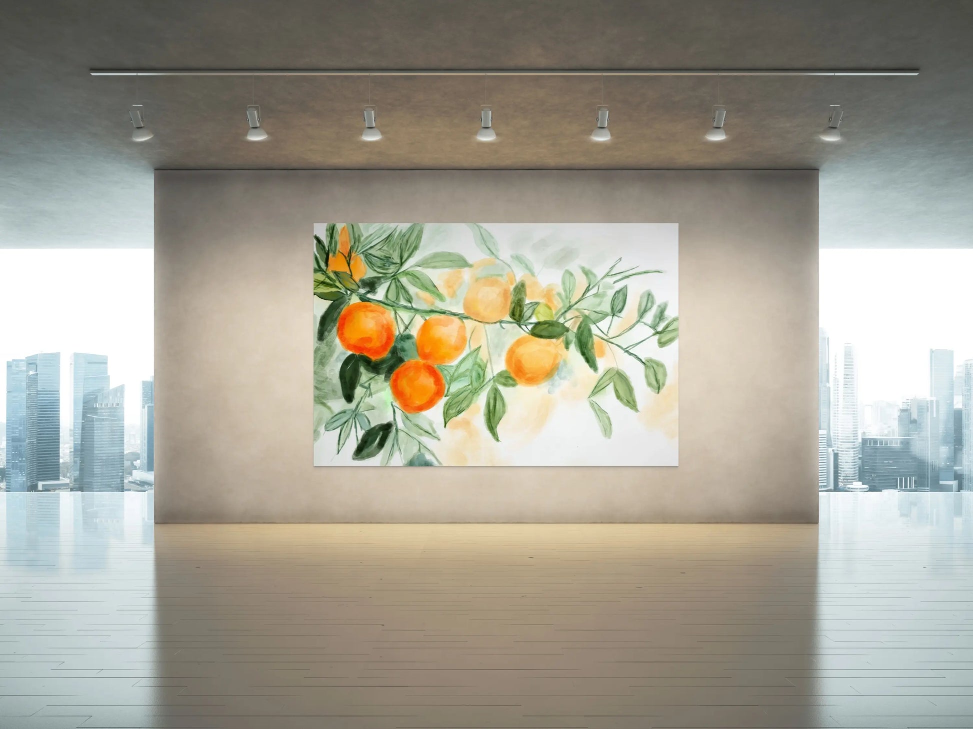 Artistic depiction of oranges and leaves on a wall in an indoor setting with modern decor.