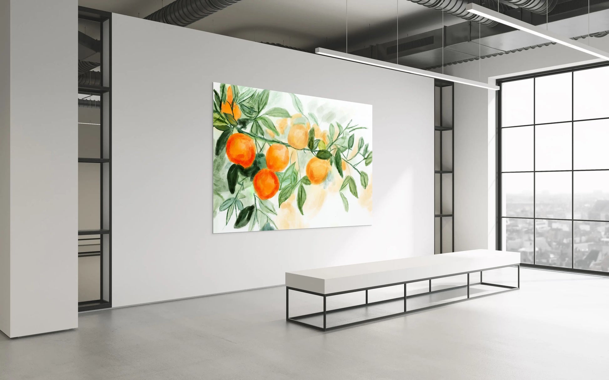 Modern interior with a large TV screen displaying an orange fruit painting.