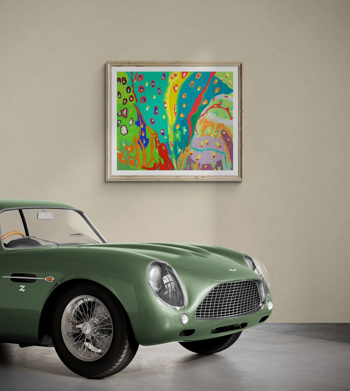"Joyful Motion abstract digital art print displayed in a classic car showroom interior setting"
