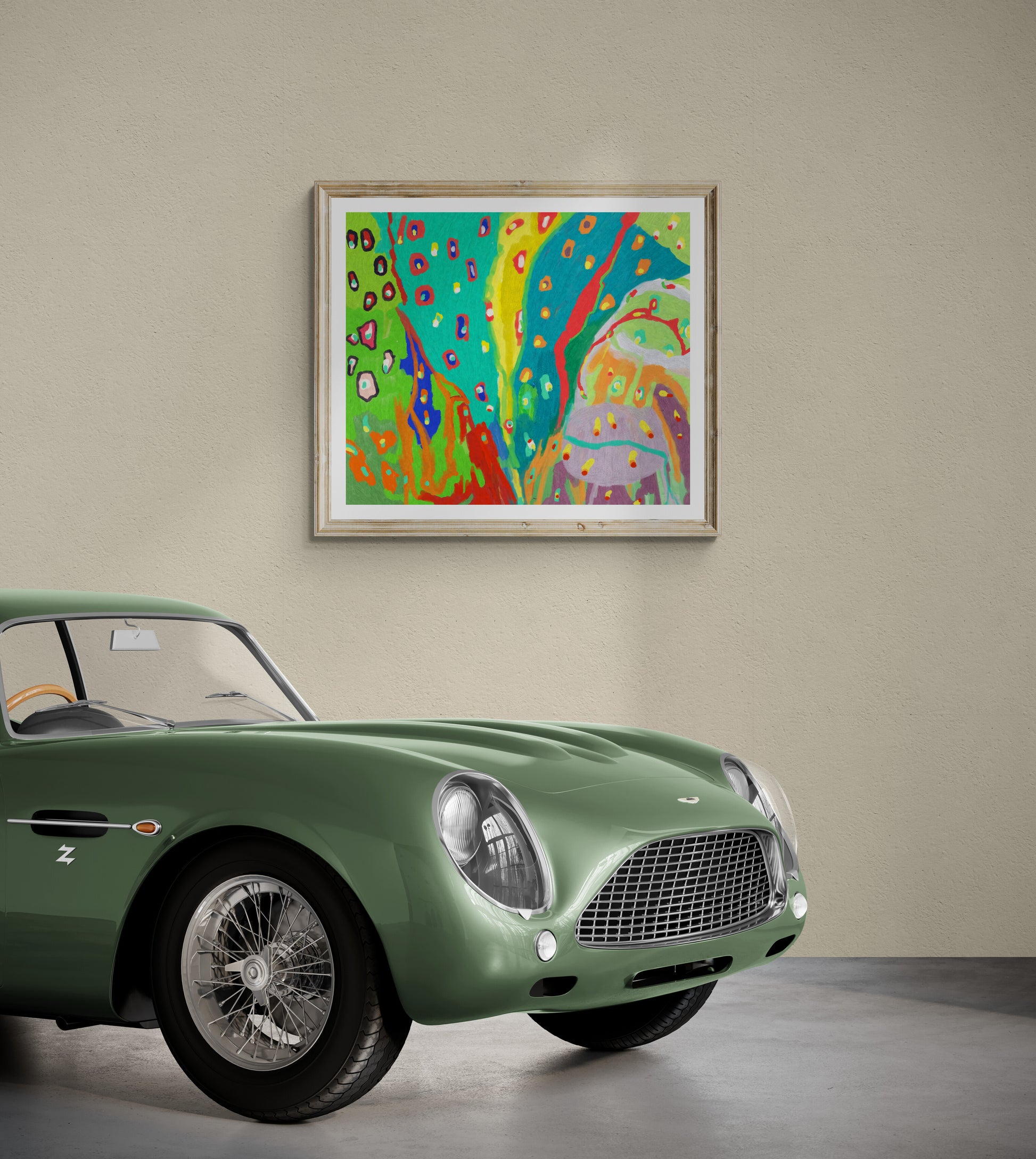 "Joyful Motion abstract digital art print displayed in a classic car showroom interior setting"