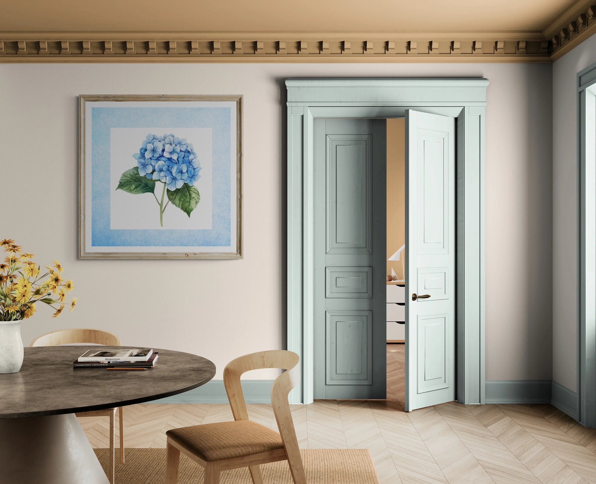 Dining room with a table, chairs, and a painting of flowers on the wall.