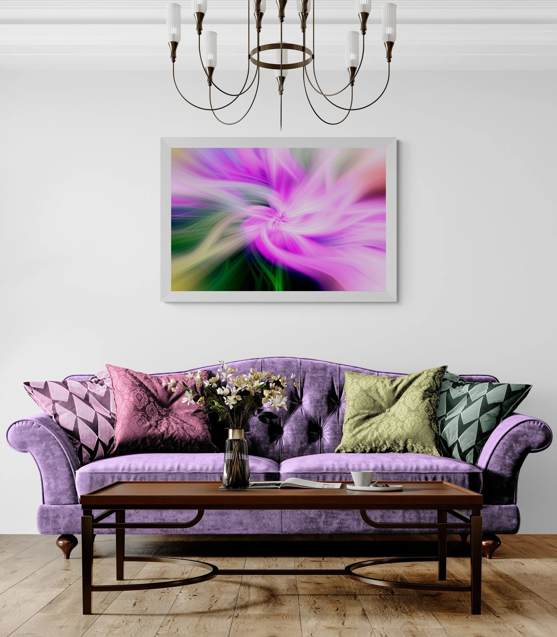 Living room with a purple sofa, coffee table, and colorful abstract painting on the wall.