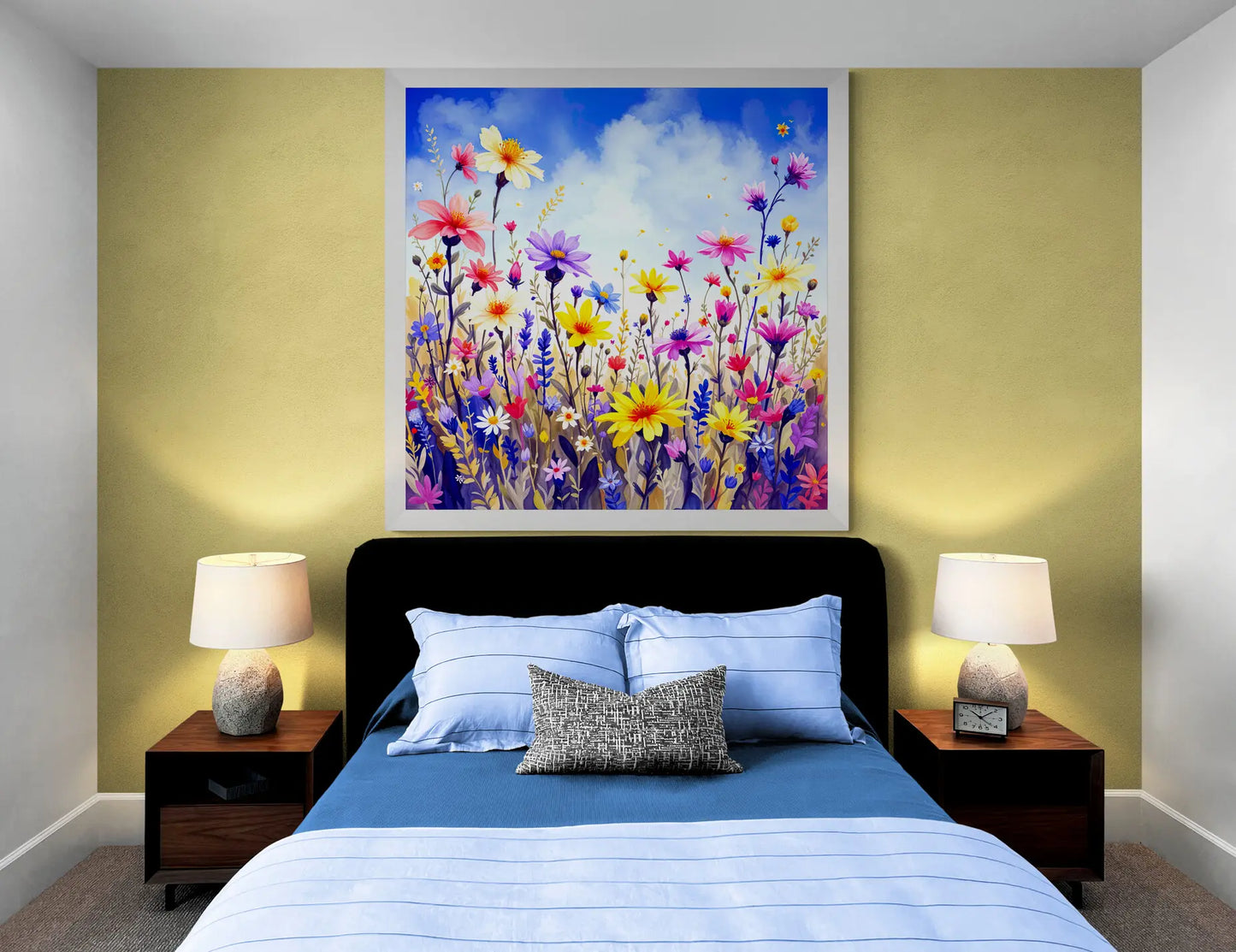 Wildflower watercolour wall art print in a cosy bedroom. Instant digital download by Phillip J Gordon Digital Art Prints.