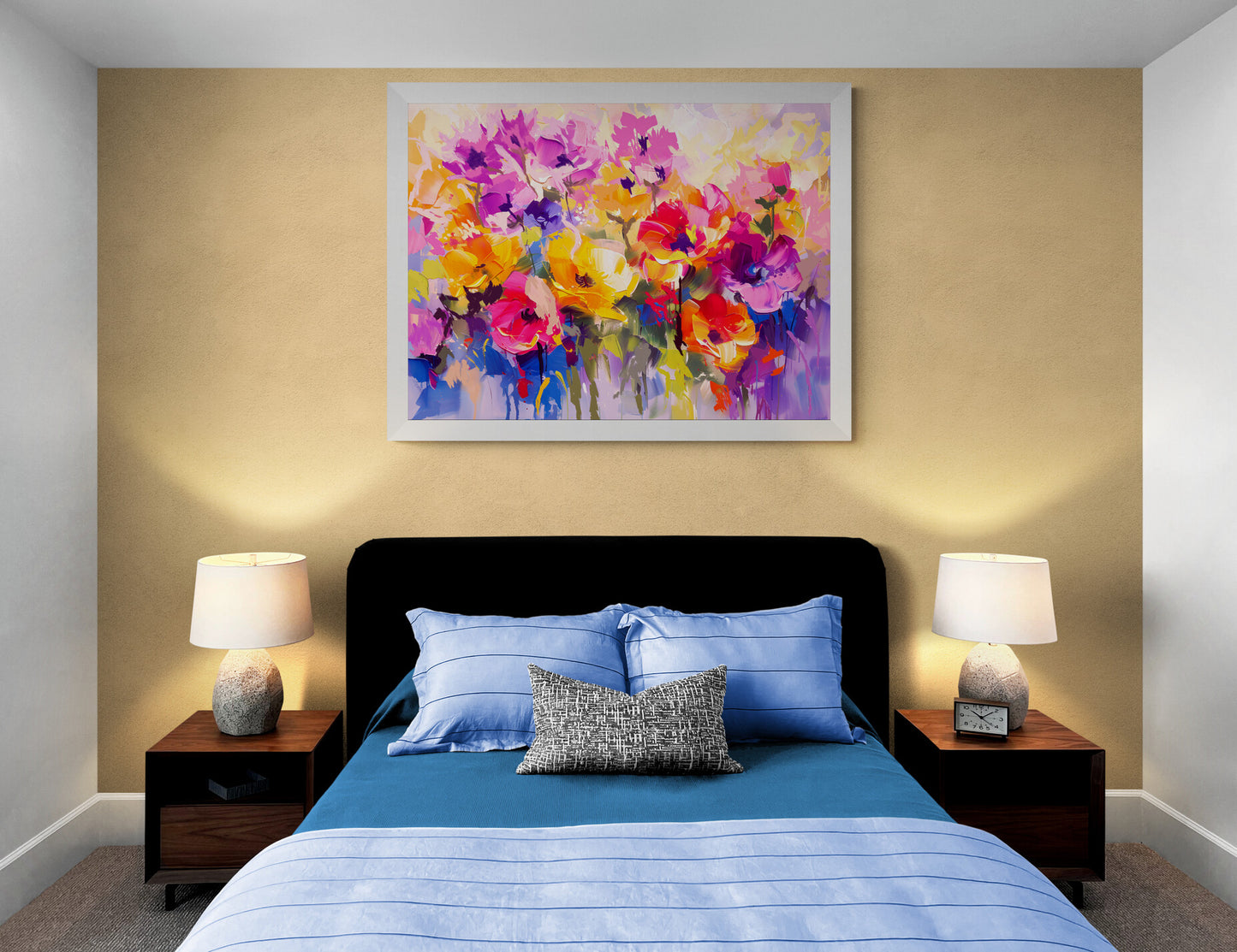 vibrant watercolour art print displayed in cosy bedroom wall decor