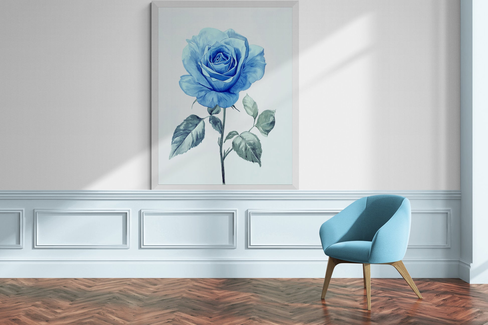 Light blue armchair in a room with a large framed artwork of a blue rose on the wall.