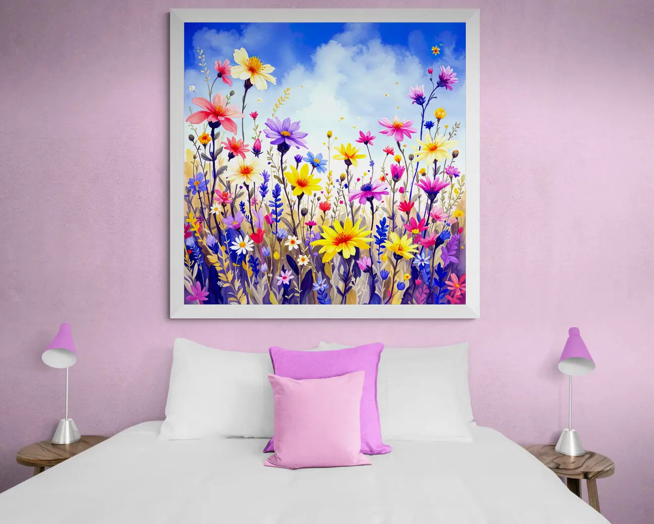 Colourful wildflower watercolour print above a double bed. Digital download wall art by Phillip J Gordon Digital Art Prints.