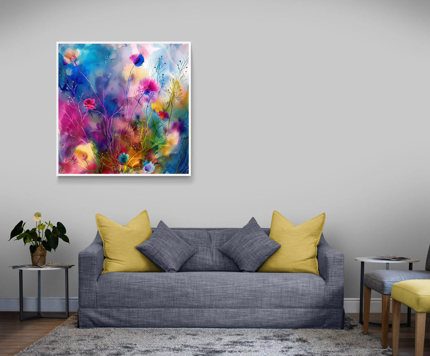 Wild Bloom floral watercolour art print displayed on a large grey wall in a modern hotel lobby setting, by Phillip J Gordon.