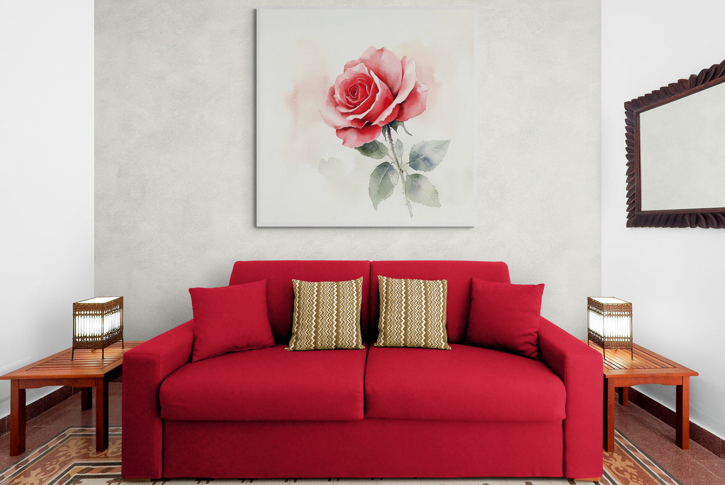 Red sofa with gold pillows in a living room setting, featuring a floral painting on the wall.