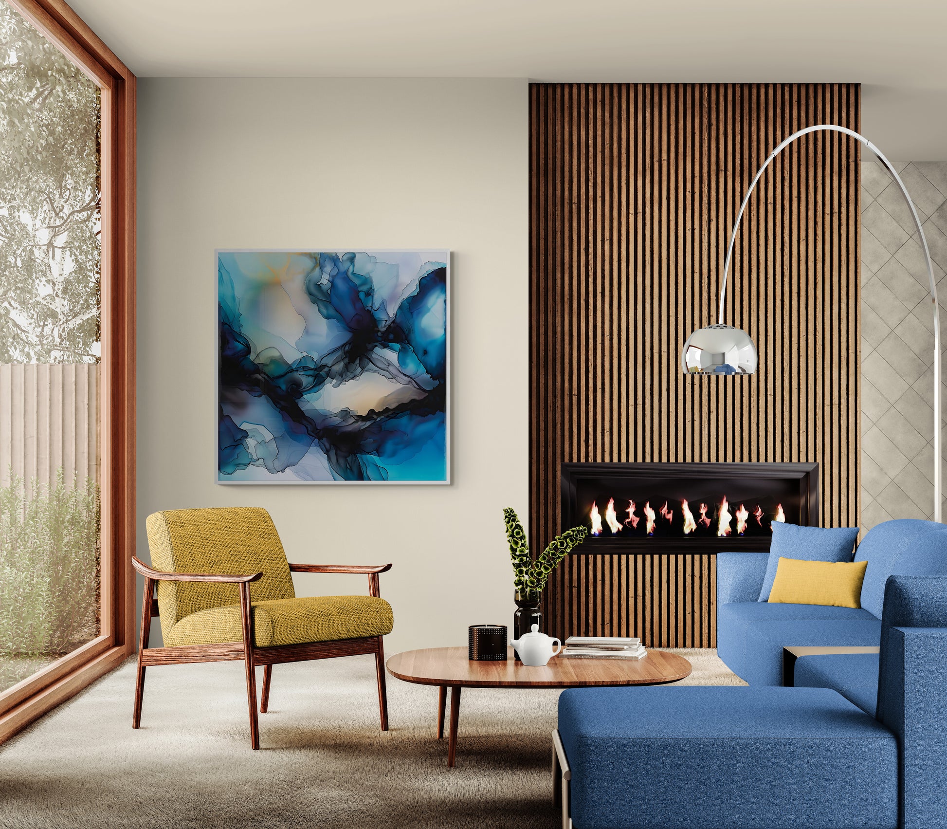 Modern living room with blue sofa, yellow armchair, and abstract painting.