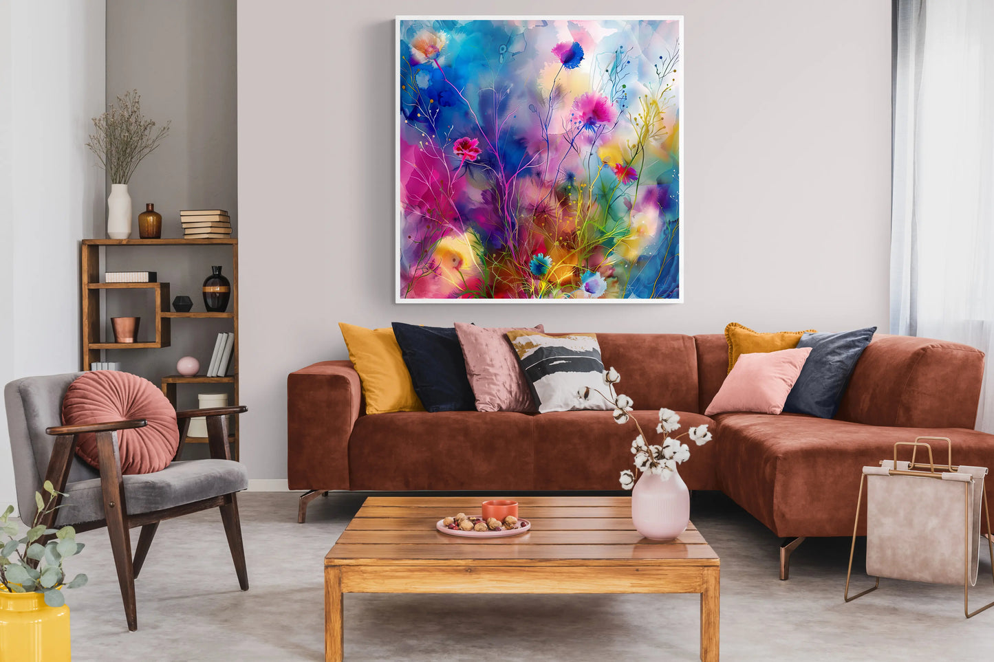 Wild Bloom floral watercolour art print in a luxury minimal living room by Phillip J Gordon.