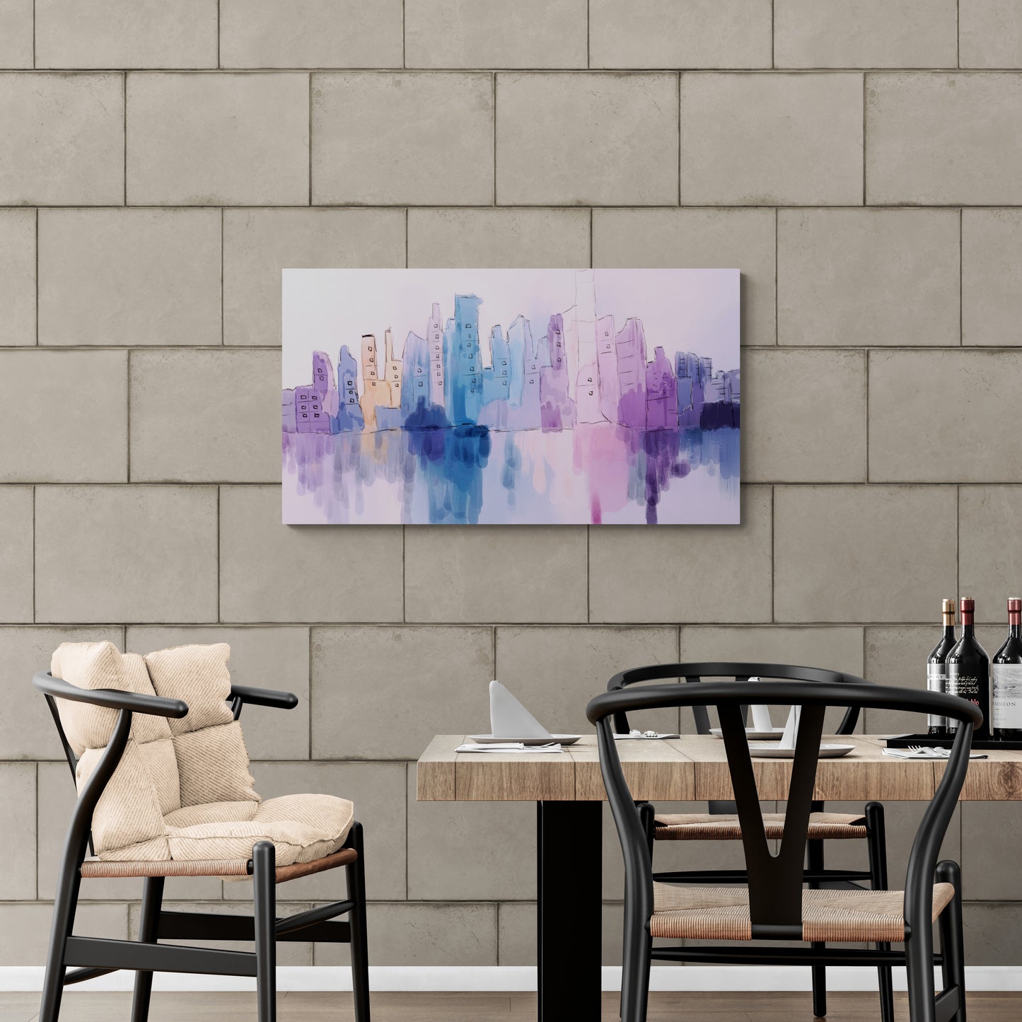 Dining room with a cityscape painting on the wall, table set for dinner, and wine bottles.