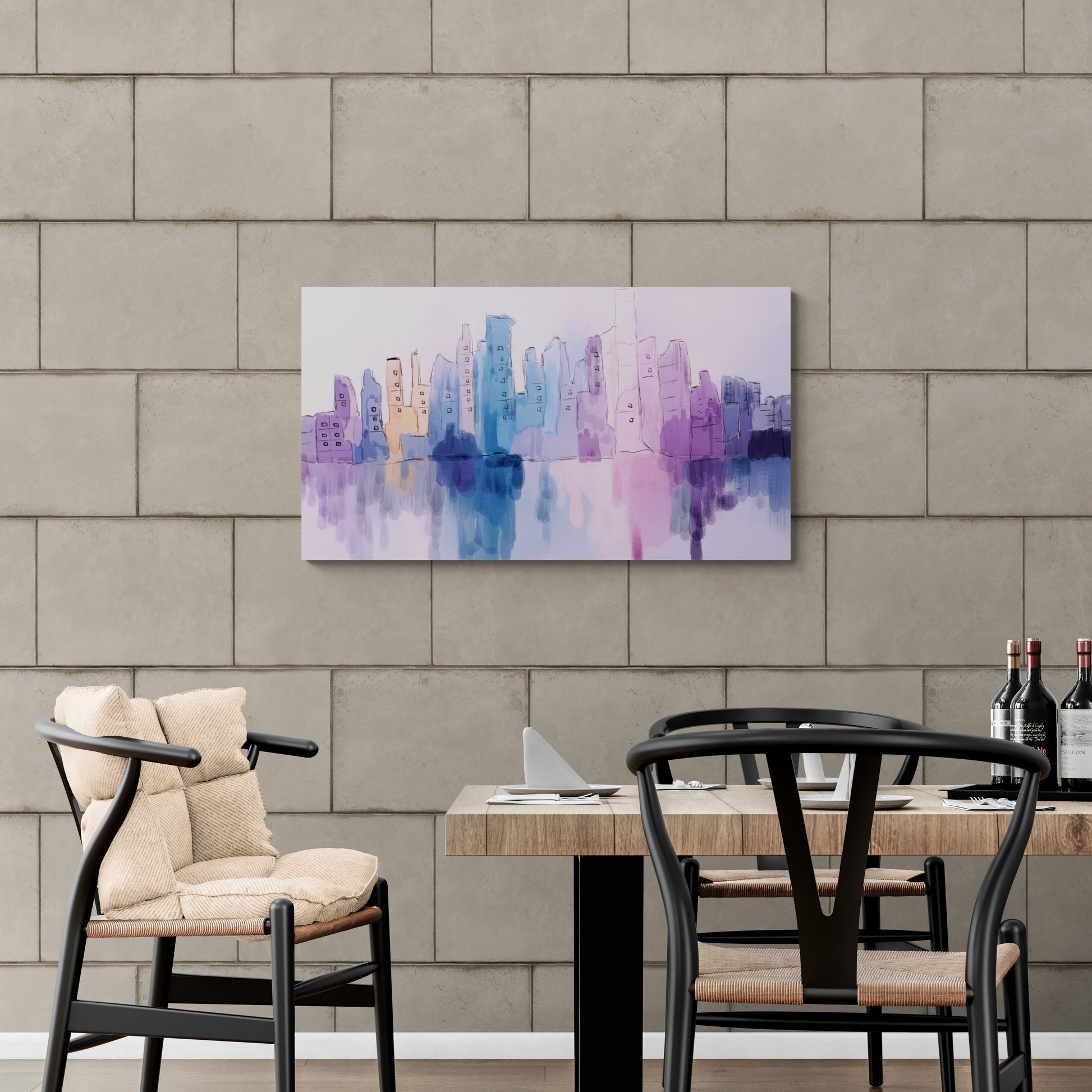 Dining room with a cityscape painting on the wall, table set for dinner, and wine bottles.