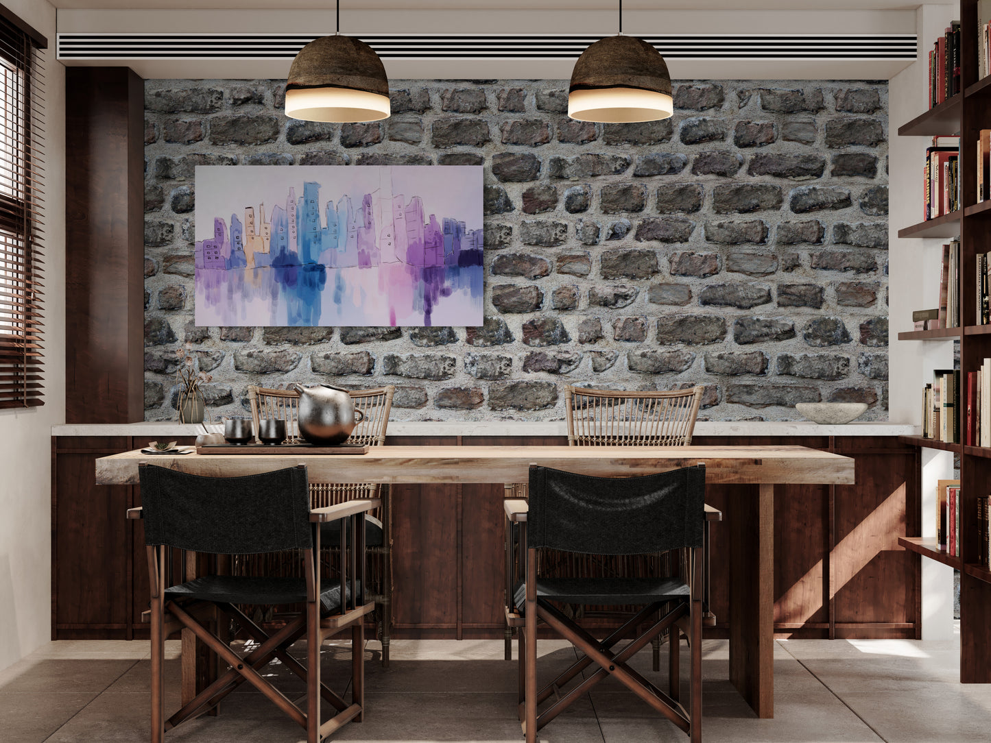 Dining area with stone wall, table, chairs, and a colorful abstract painting.