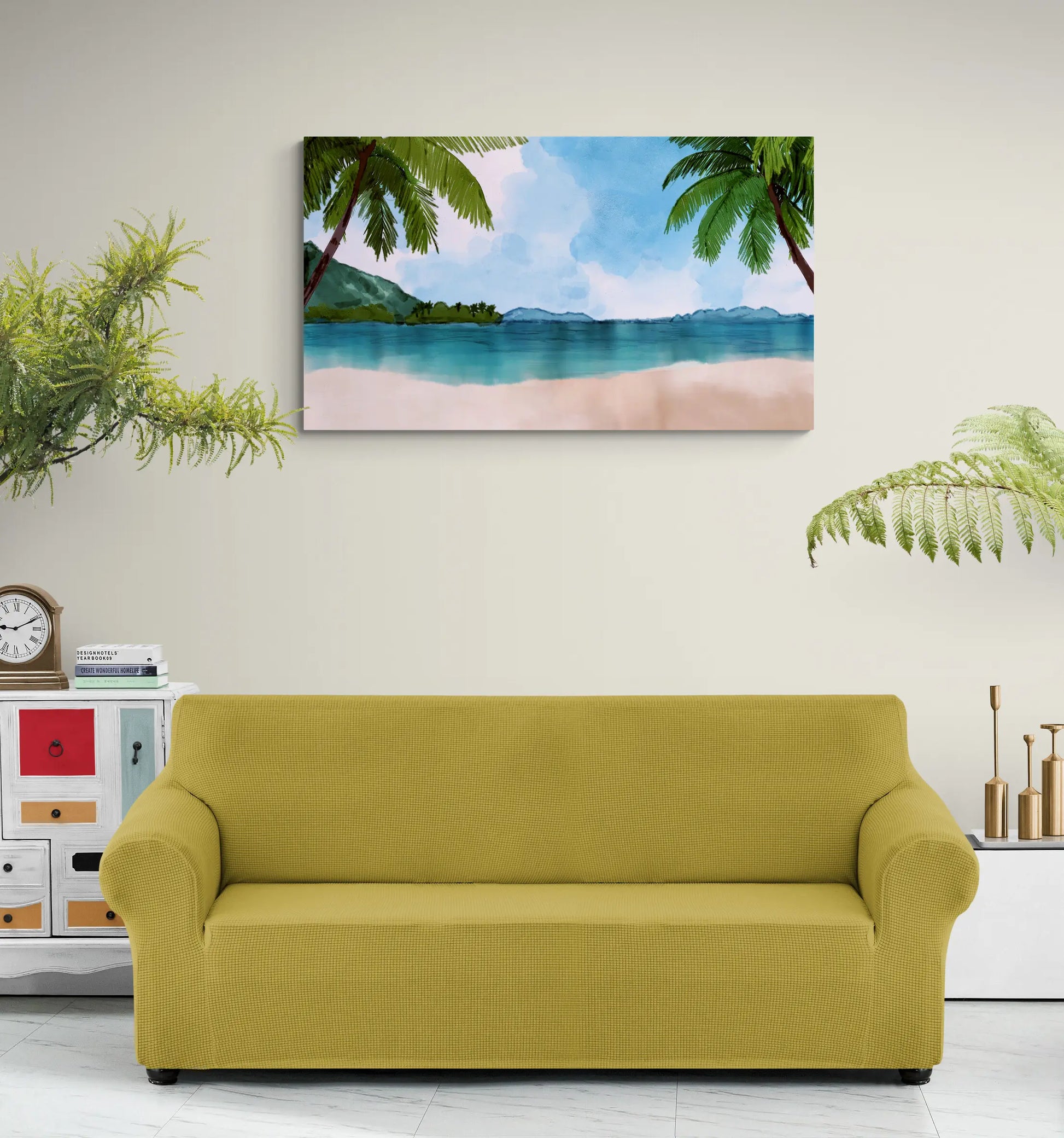 Yellow sofa in a room with a tropical beach painting on the wall.
