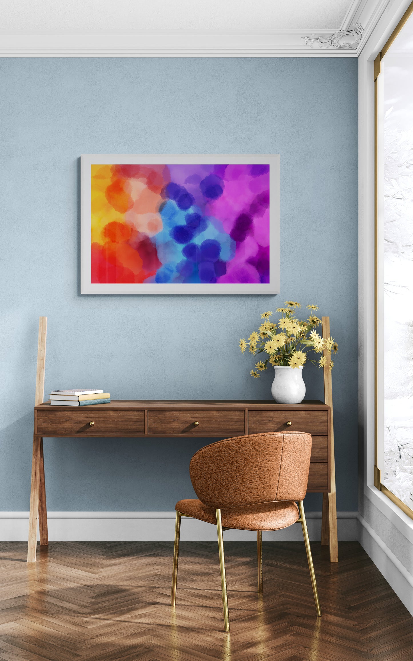 Ink Storm Protocol abstract digital art print displayed in a styled fancy home office with unique desk — Phillip J Gordon Digital Art Prints