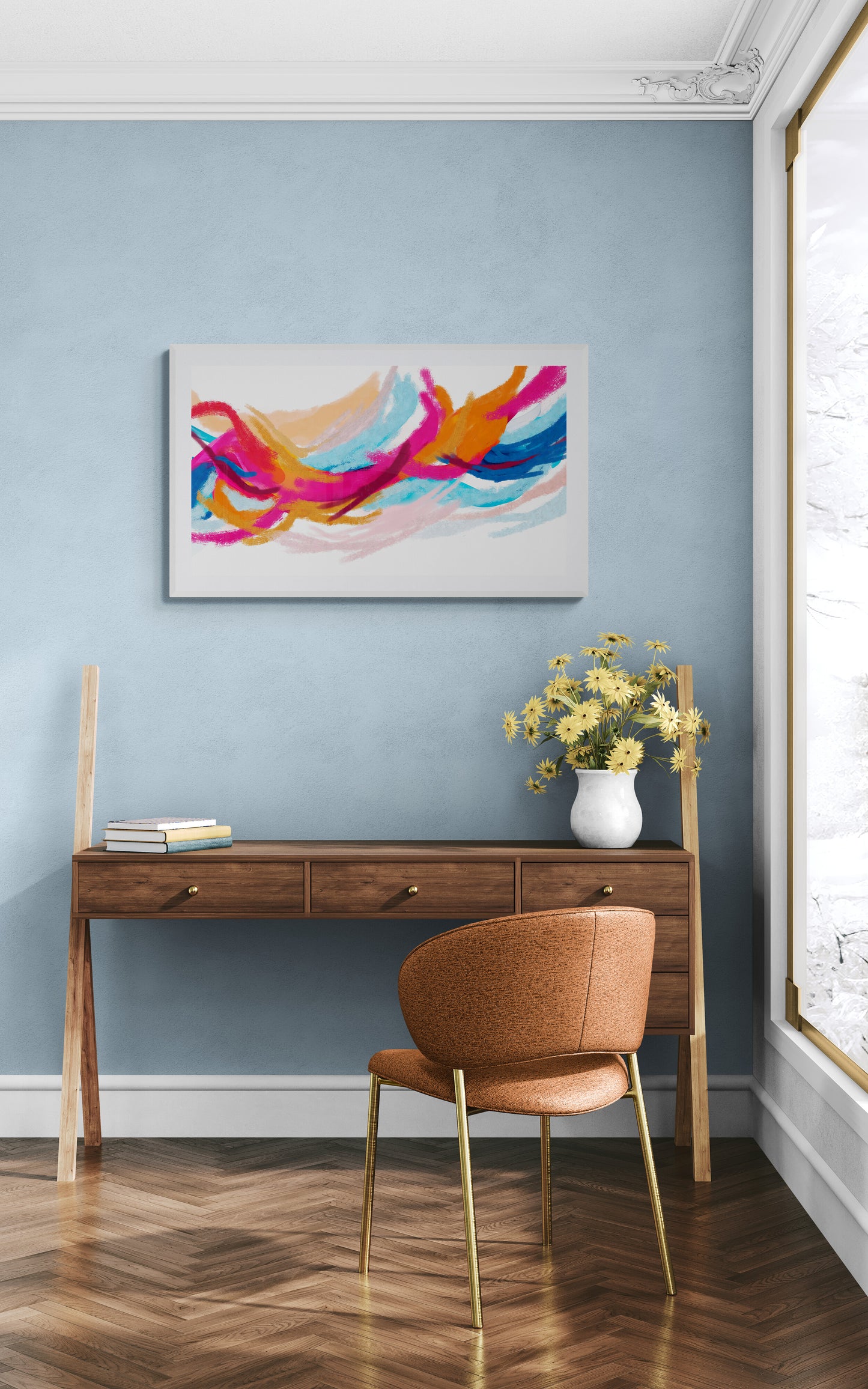 Modern interior with a wooden desk, brown chair, and colorful abstract painting on a blue wall.