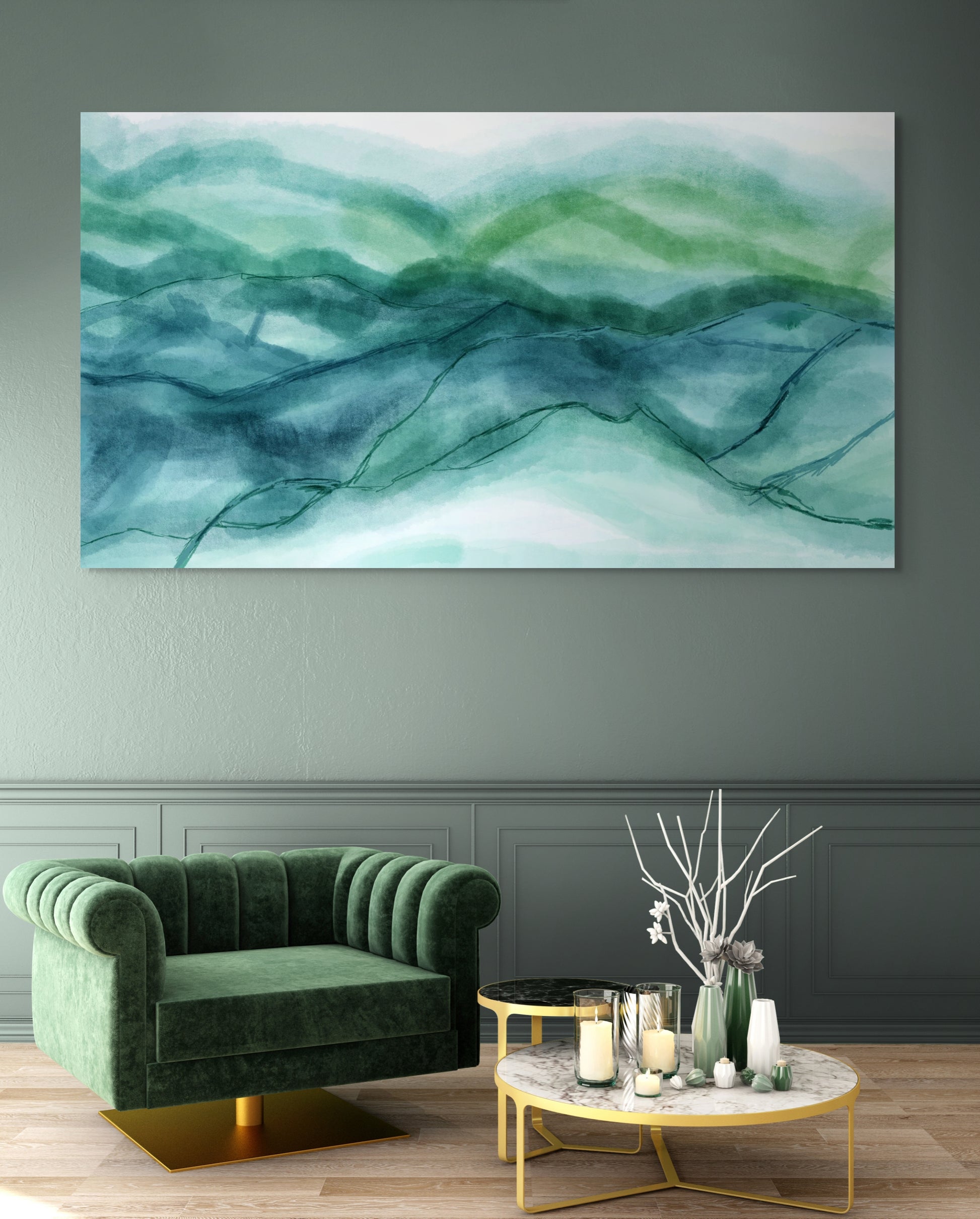 Green velvet sofa in a room with a large abstract painting of wavy green and blue colors on the wall.