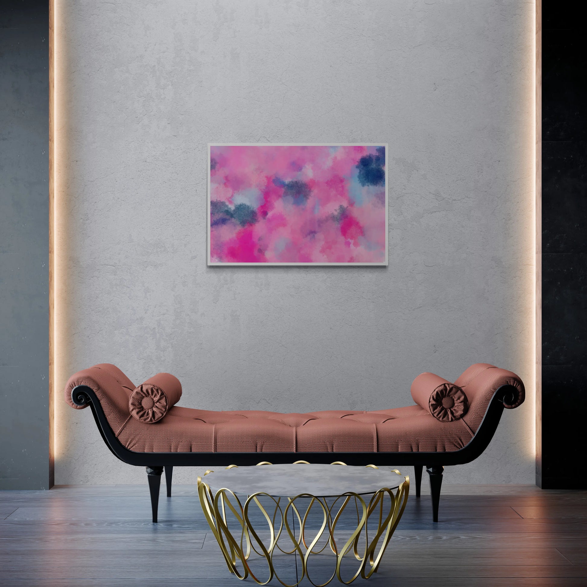 Pink bench with decorative pillows in a room with a colorful abstract painting on the wall.