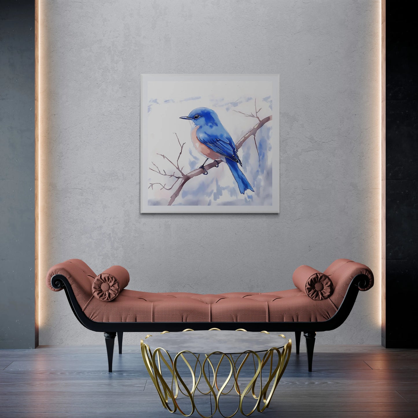 Living room with a pink bench, gold coffee table, and a painting of a blue bird on a branch.