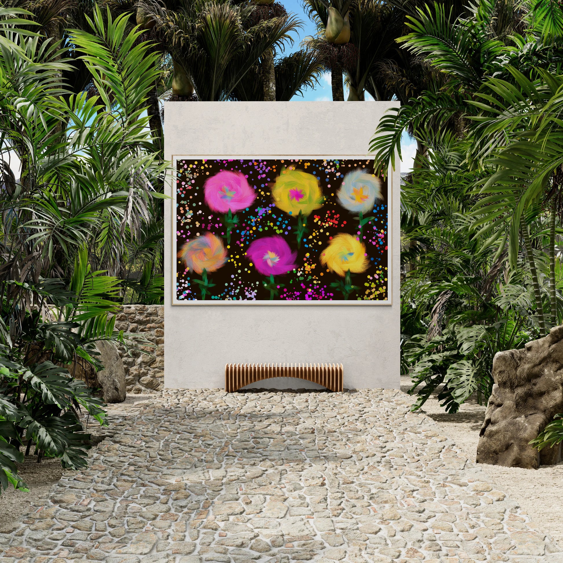 Flower Twirls watercolour art print displayed on a feature wall in a tropical garden setting.