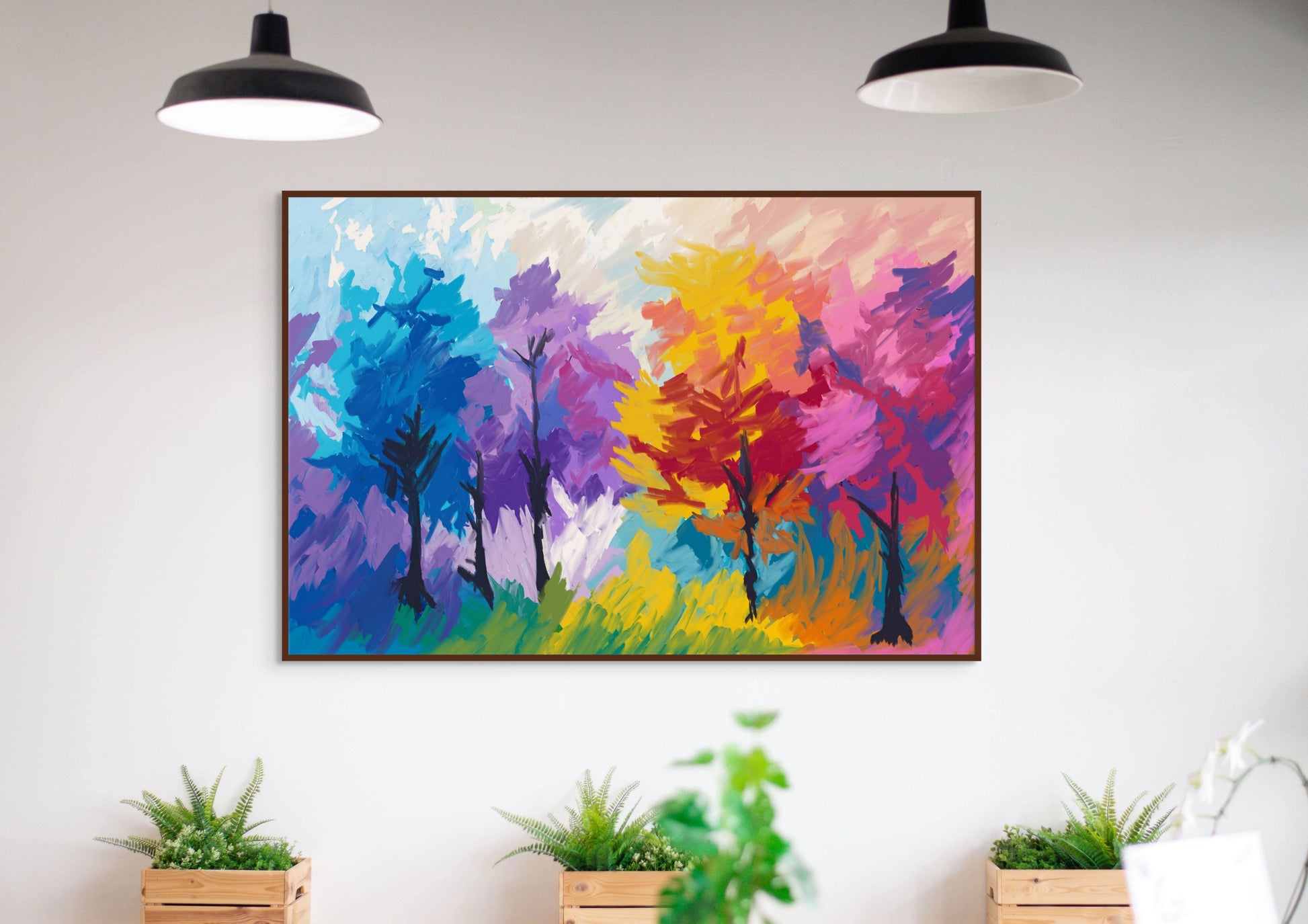 Colorful abstract painting of trees on a white wall with plants below.
