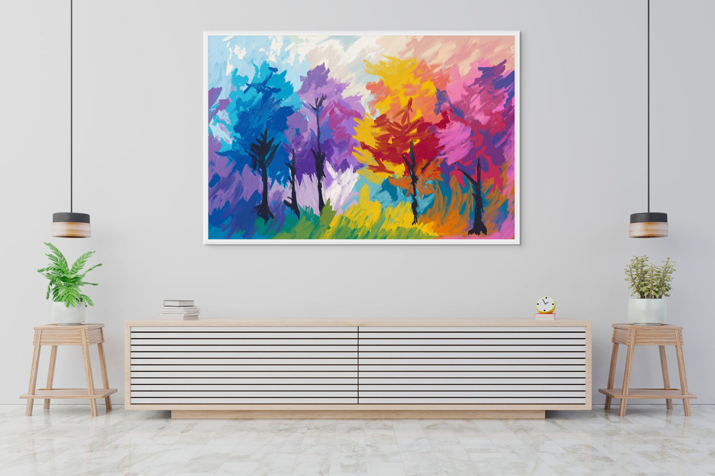 Colorful abstract painting on a wall above a white console table in a room with light gray walls and wooden stools.
