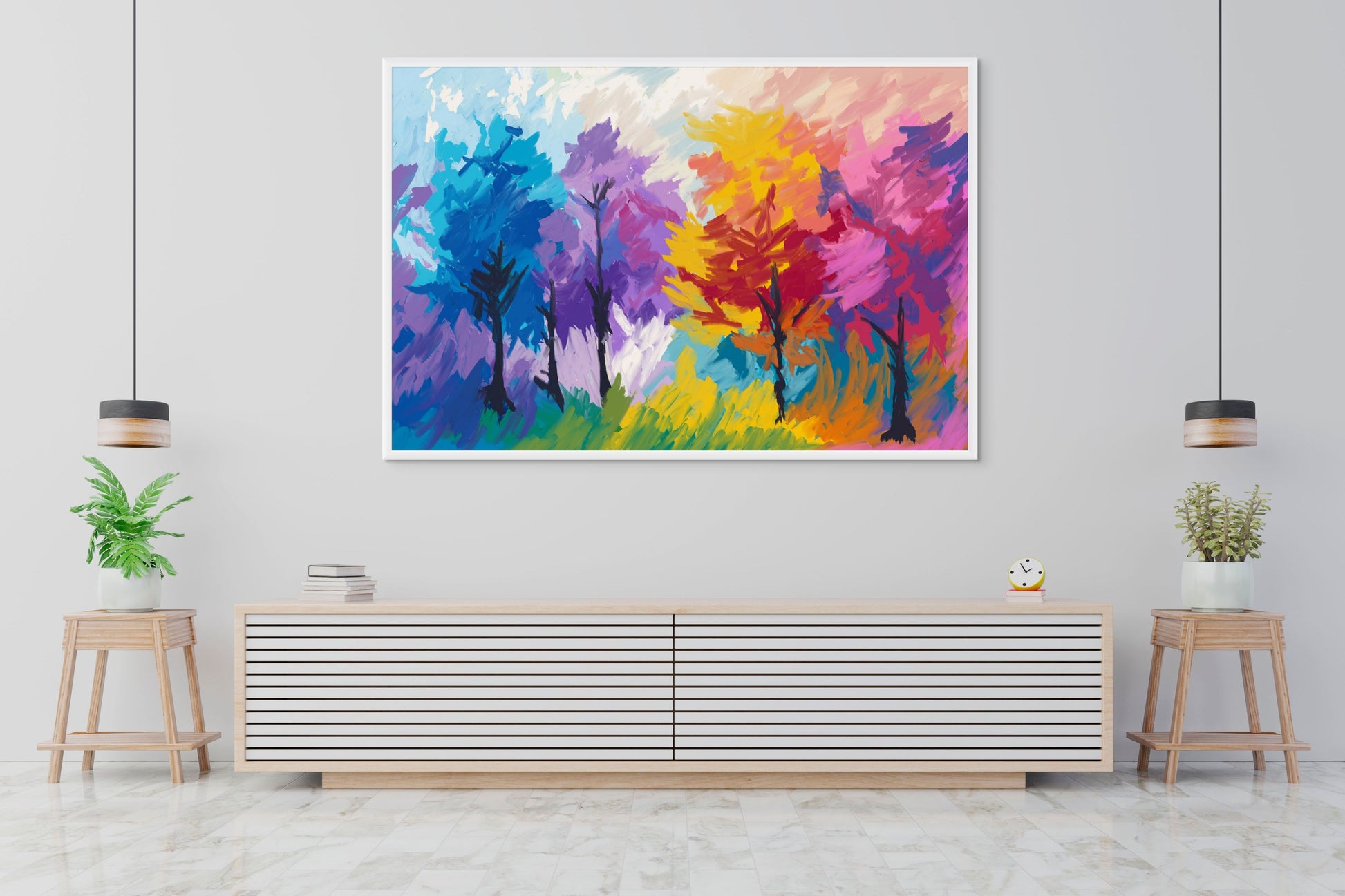 Colorful abstract painting on a wall above a white console table in a room with light gray walls and wooden stools.