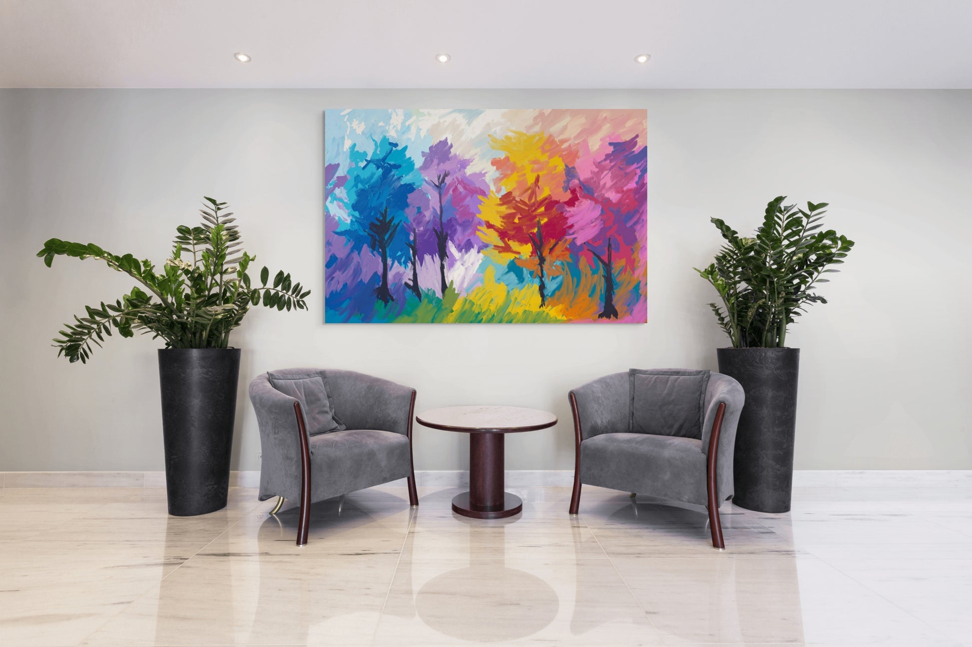 Modern interior with two gray chairs, a round table, and a colorful abstract painting on a white wall.
