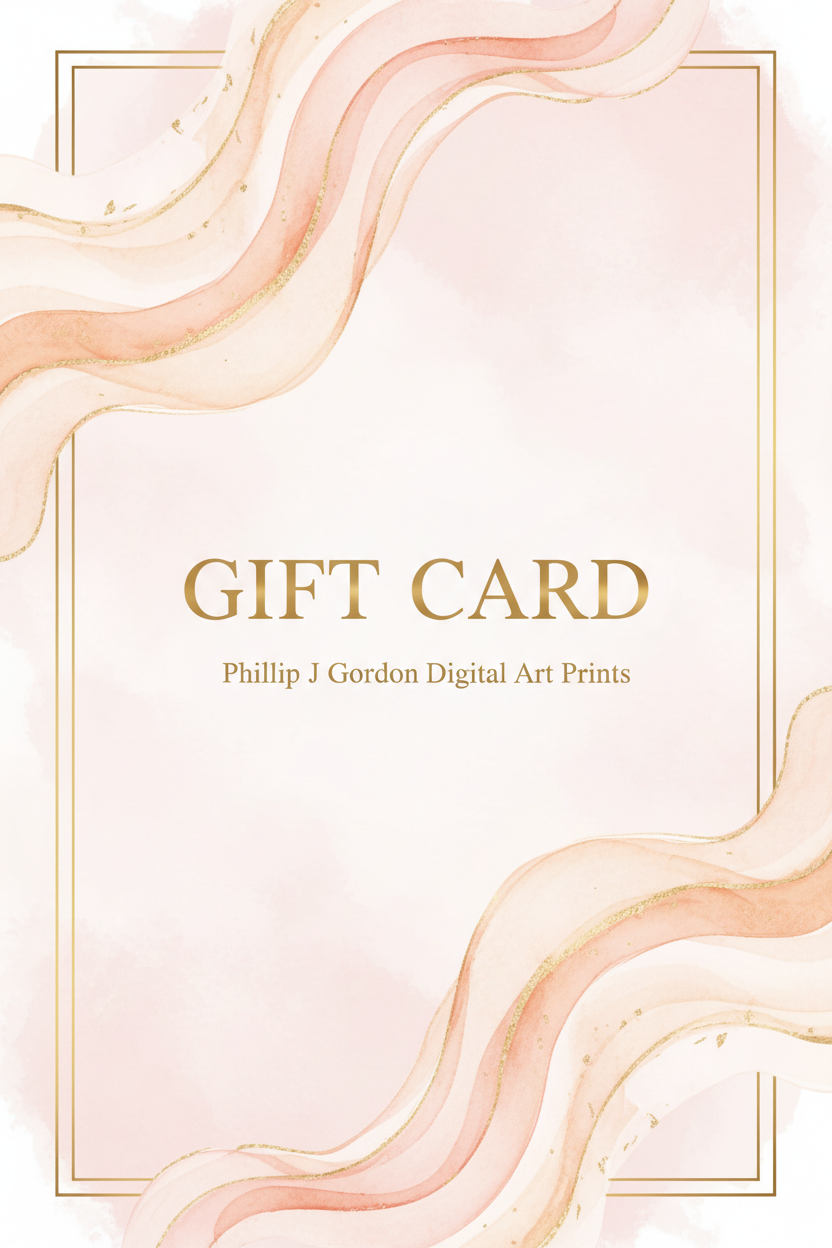 Gift Card — Phillip J Gordon Digital Art Prints, elegant watercolour swirl design in blush pink and gold.