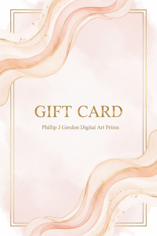 Gift Card — Phillip J Gordon Digital Art Prints, elegant watercolour swirl design in blush pink and gold.