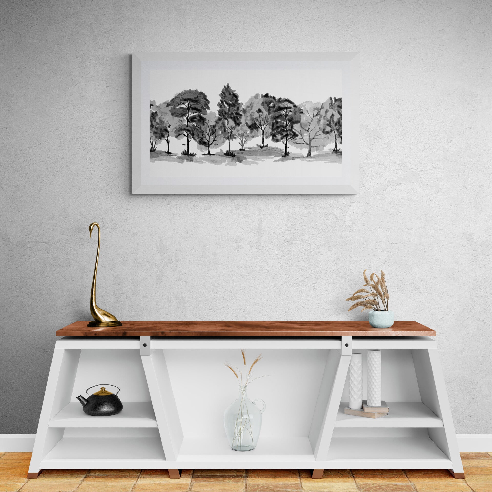 White console table with wooden top against a gray wall with a framed black and white landscape print.