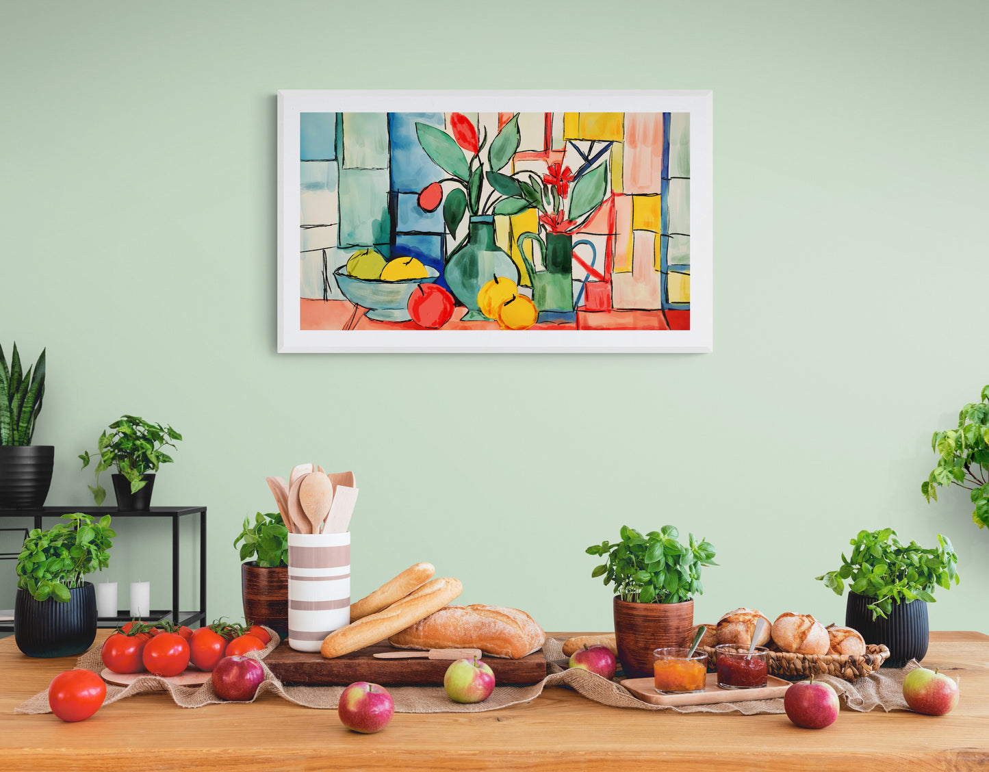 Colorful still life painting on a wall above a wooden table with fruits, bread, and plants.