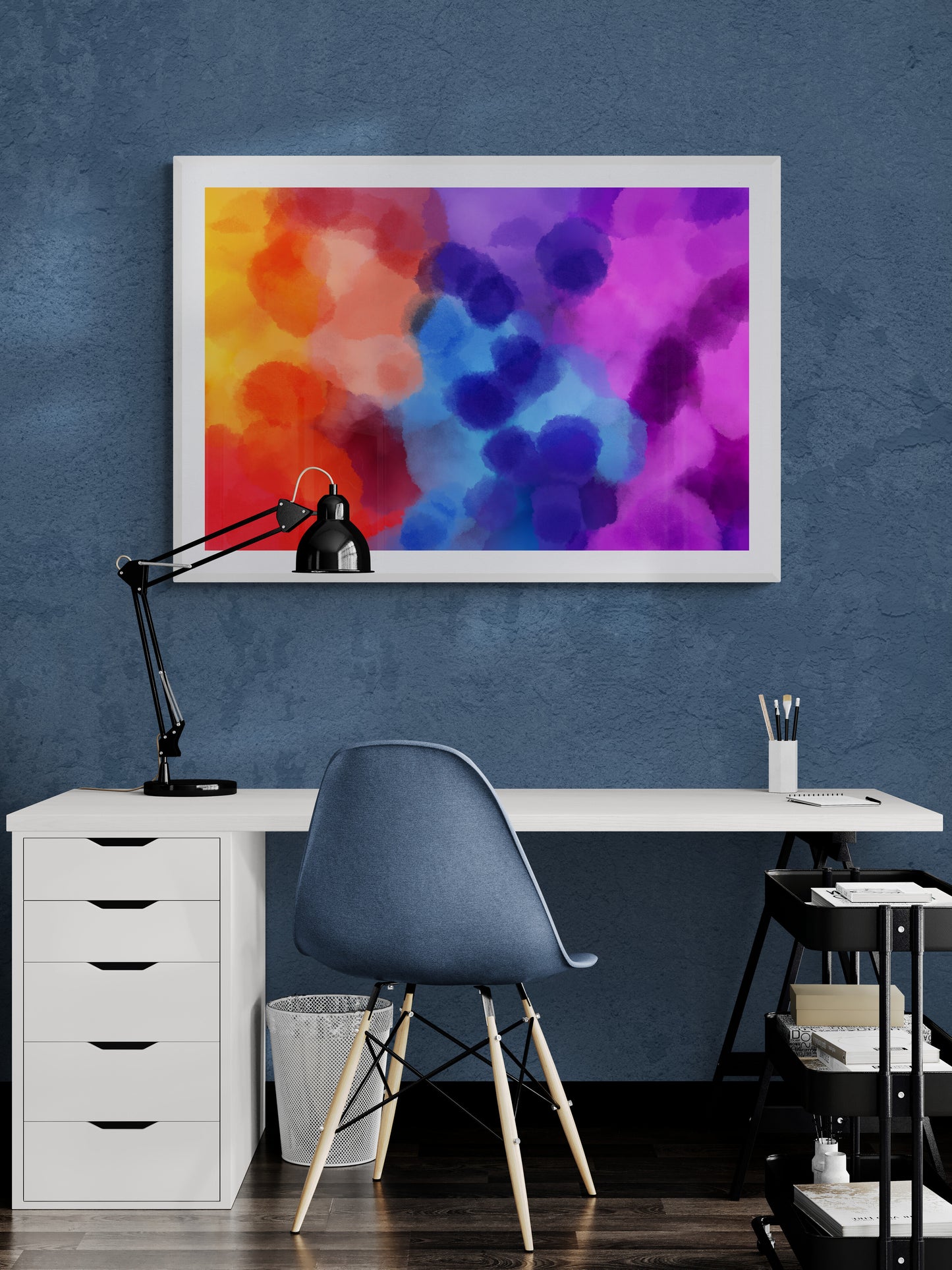 Ink Storm Protocol abstract wall art print in a home office setting with desk and lamp — instant download by Phillip J Gordon