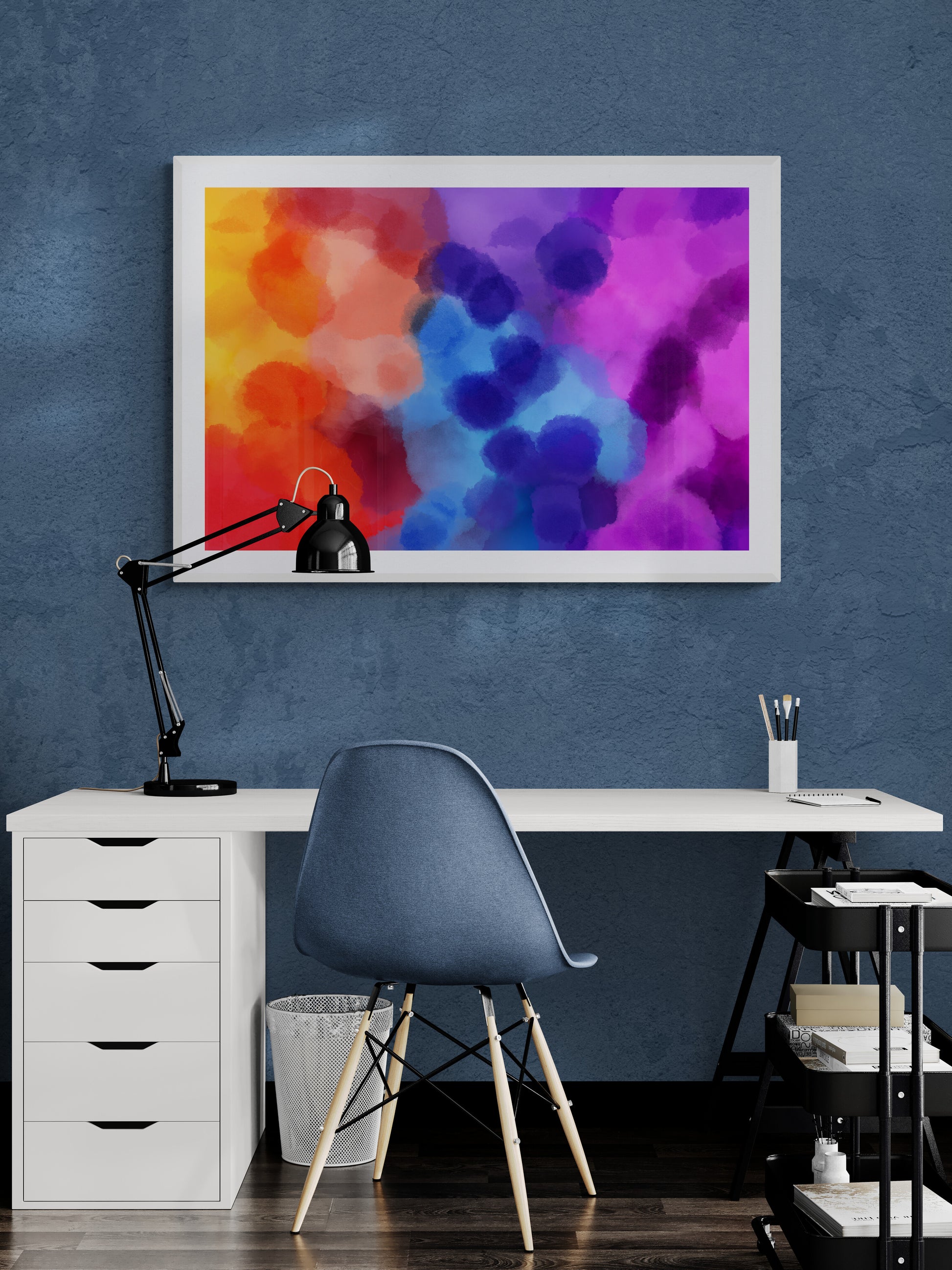 Ink Storm Protocol abstract wall art print in a home office setting with desk and lamp — instant download by Phillip J Gordon