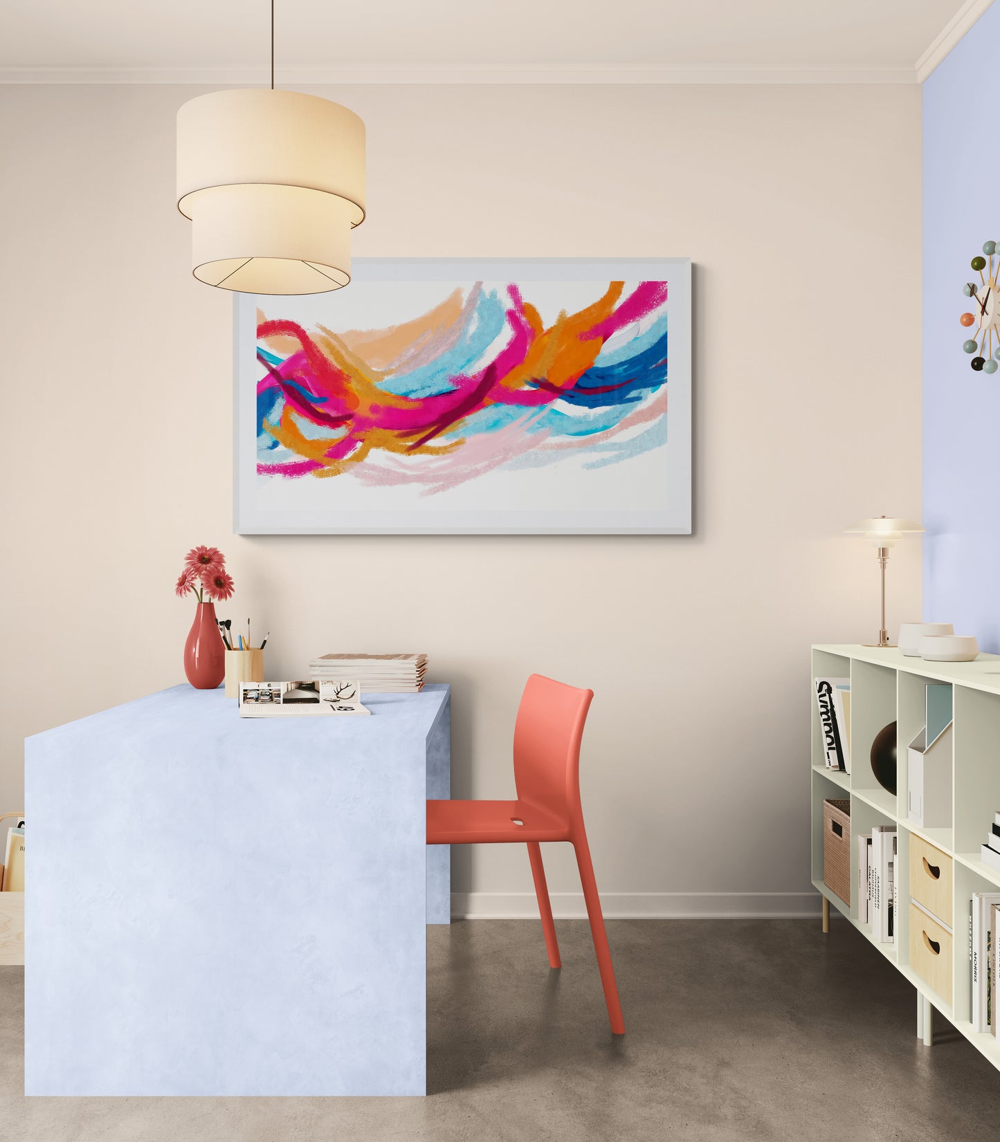 Modern office space with a colorful abstract painting on the wall.
