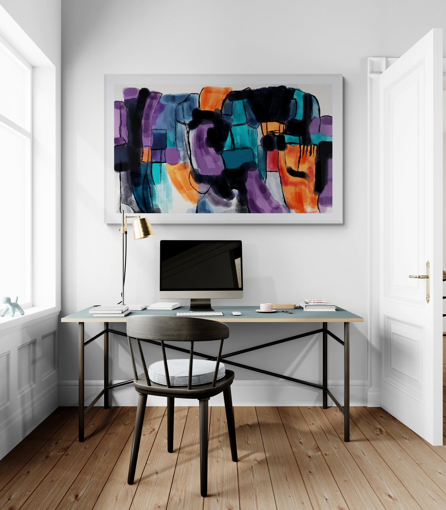 Modern home office with a desk, chair, and abstract painting on the wall.