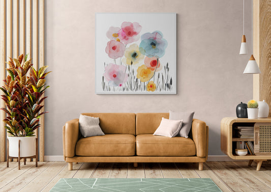 Living room with a brown sofa, floral painting, and decorative items.