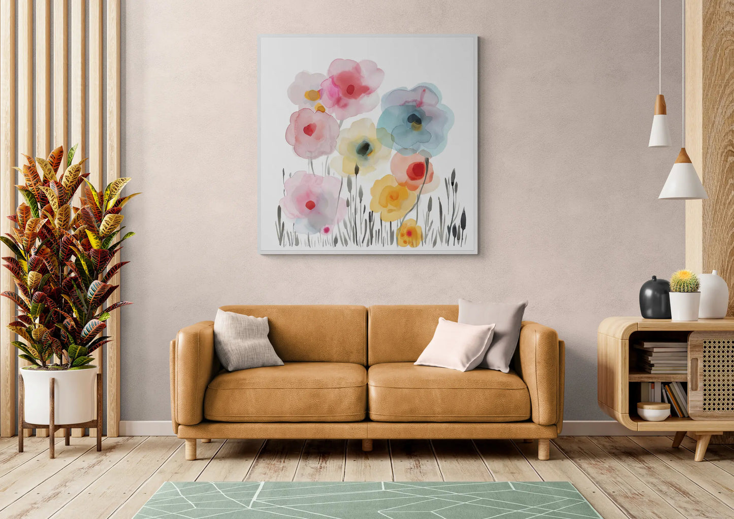Living room with a brown sofa, floral painting, and decorative items.