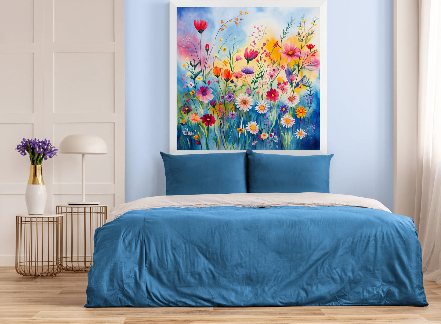 Bedroom with blue bedding, floral artwork on the wall, and side table with lamp.