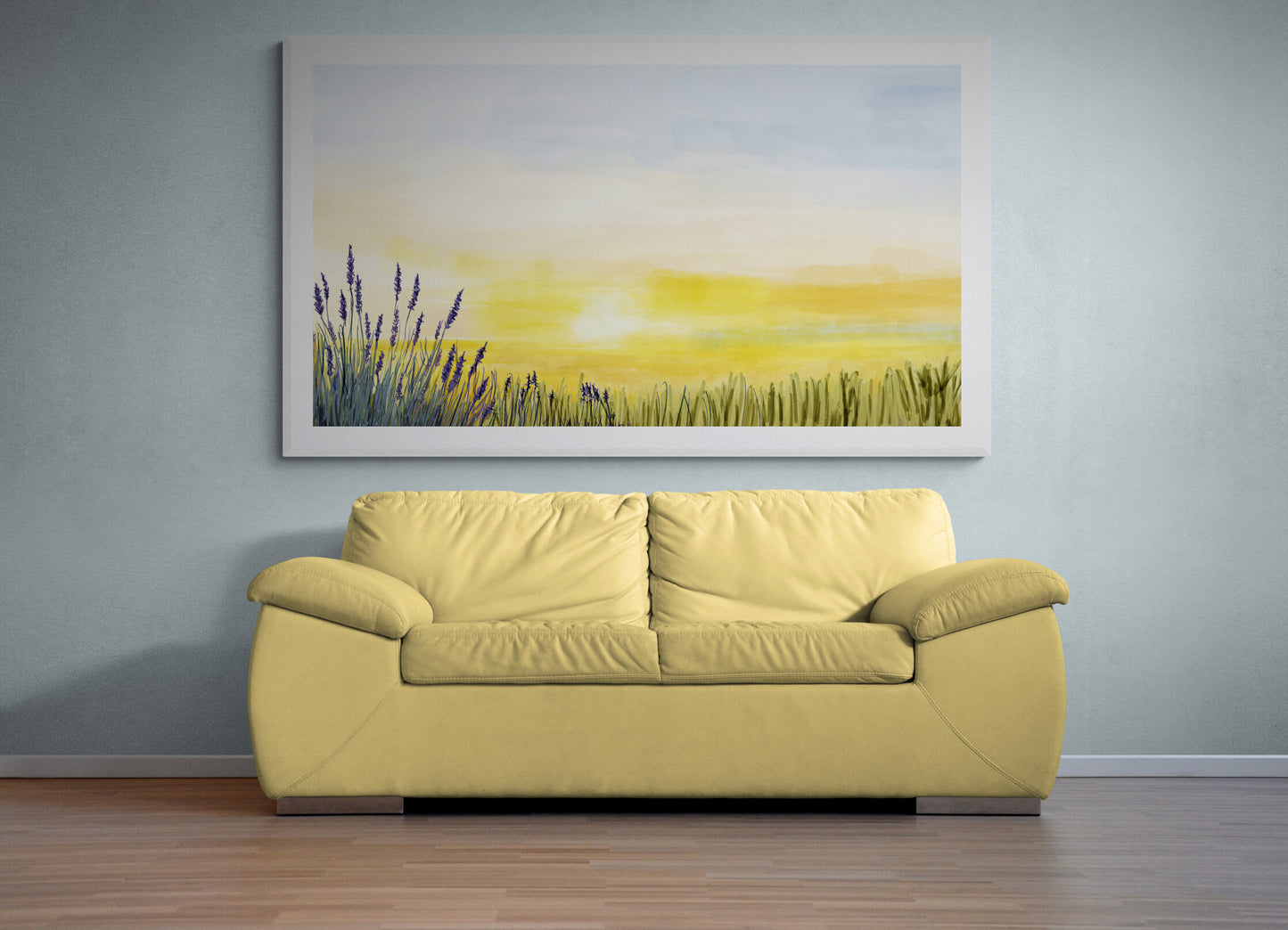Yellow sofa in a room with a painting of a field on the wall.