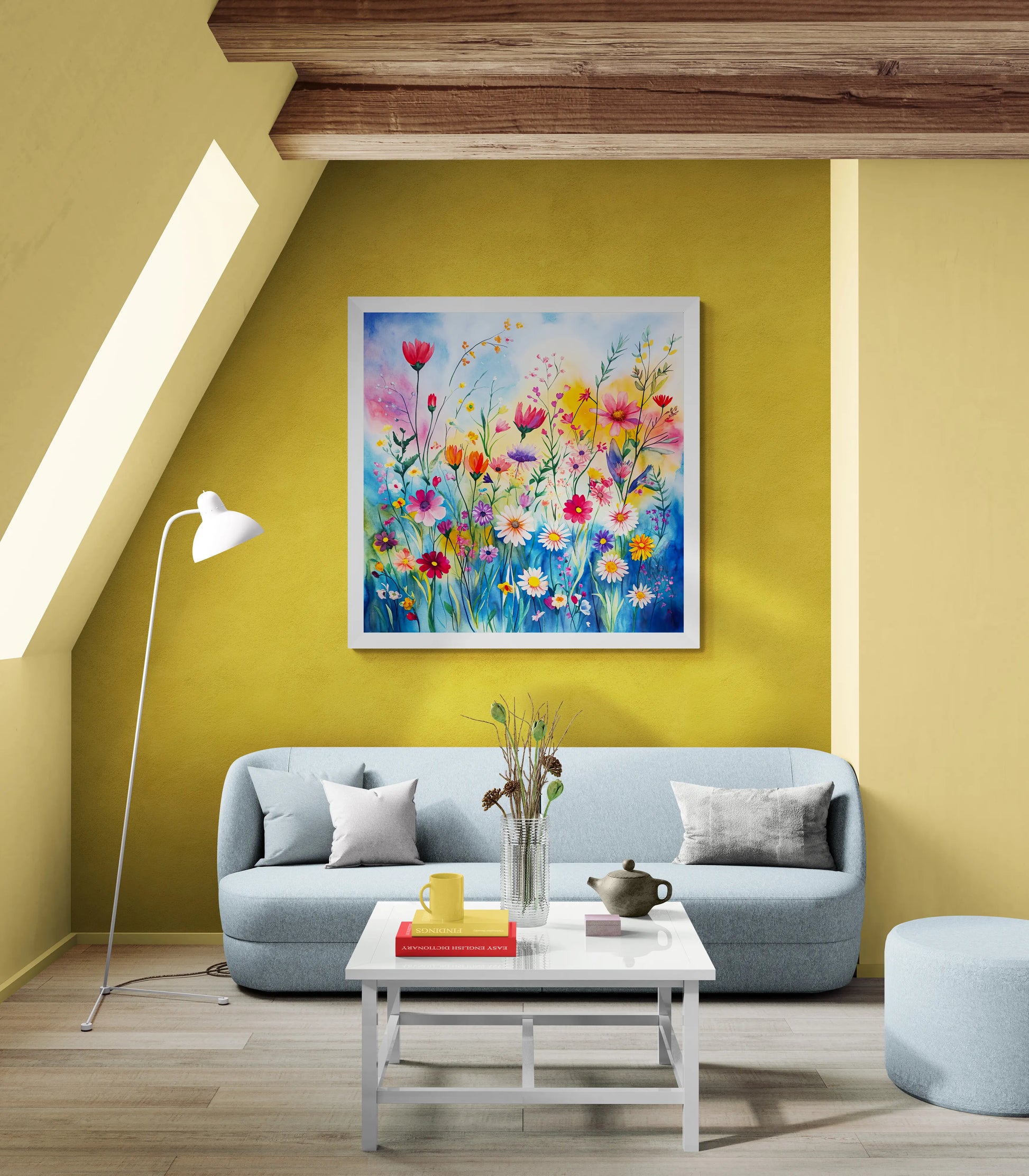 Living room with a colorful floral painting on a yellow wall, gray sofa, and white coffee table.
