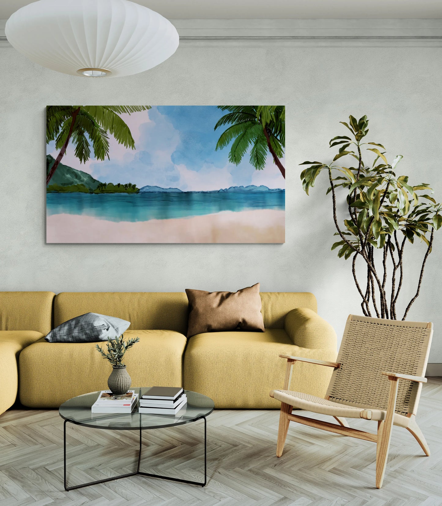 Living room with yellow sofa, wicker chair, and beach-themed wall art.