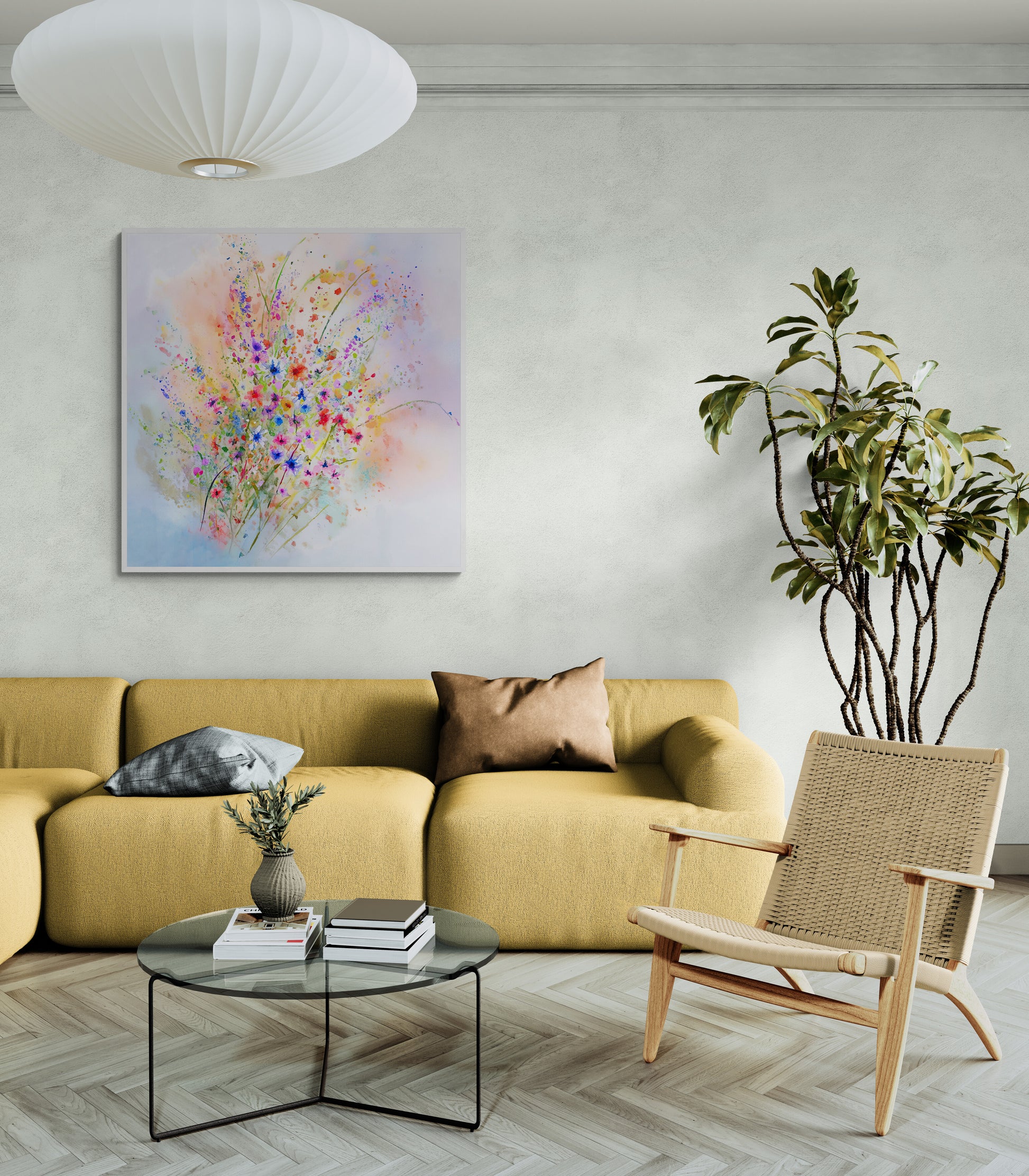 Wildflower Reverie floral digital art print styled in a contemporary home interior — botanical watercolor wall decor